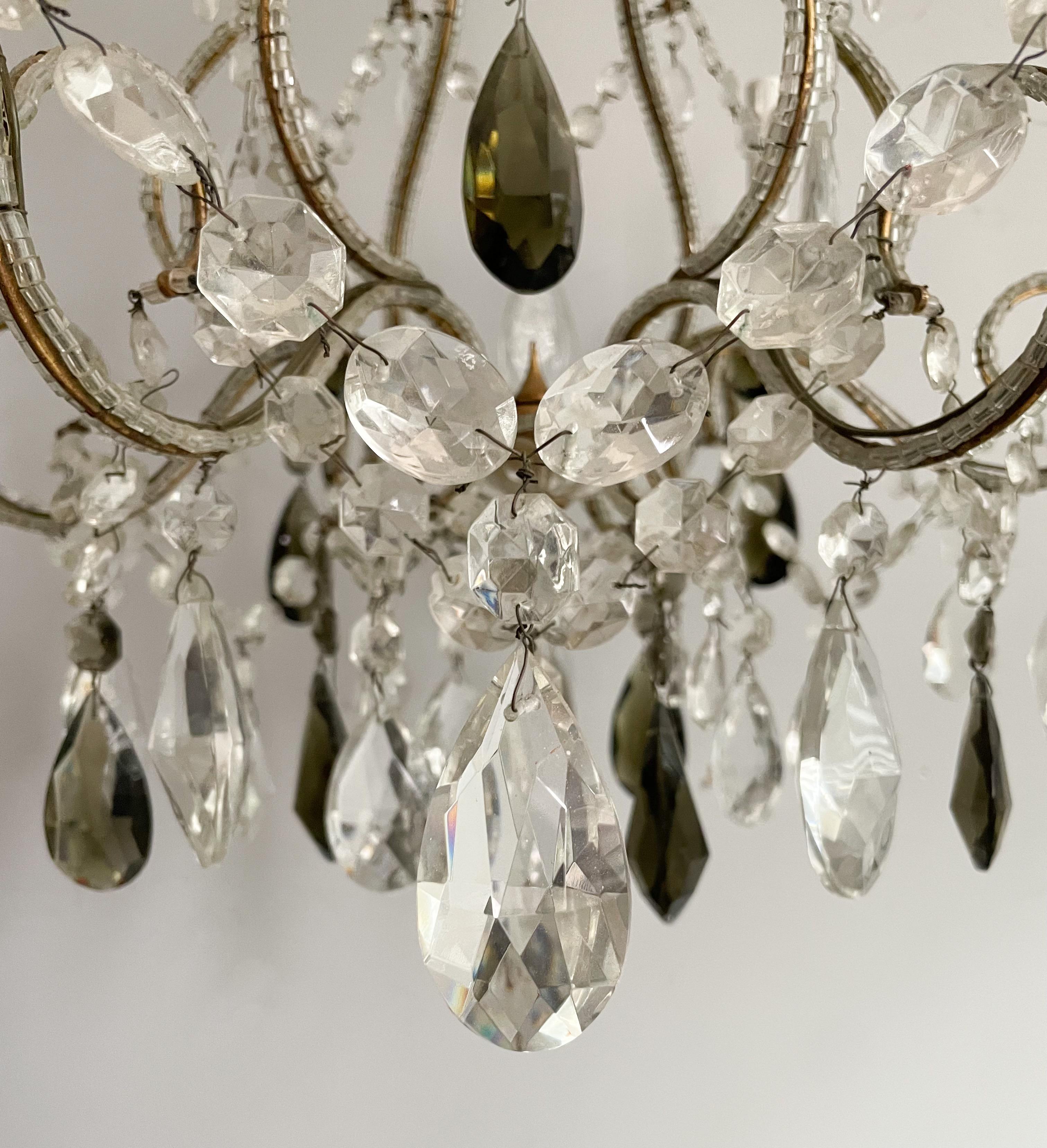 Italian Vintage Crystal Beaded Chandelier With Smokey Green Prisms For Sale 2