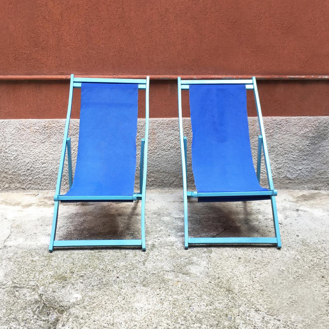 Mid-Century Modern Italian Vintage Deckchair in Light-Blue Wooden Structure and Blue Fabric, 1960s