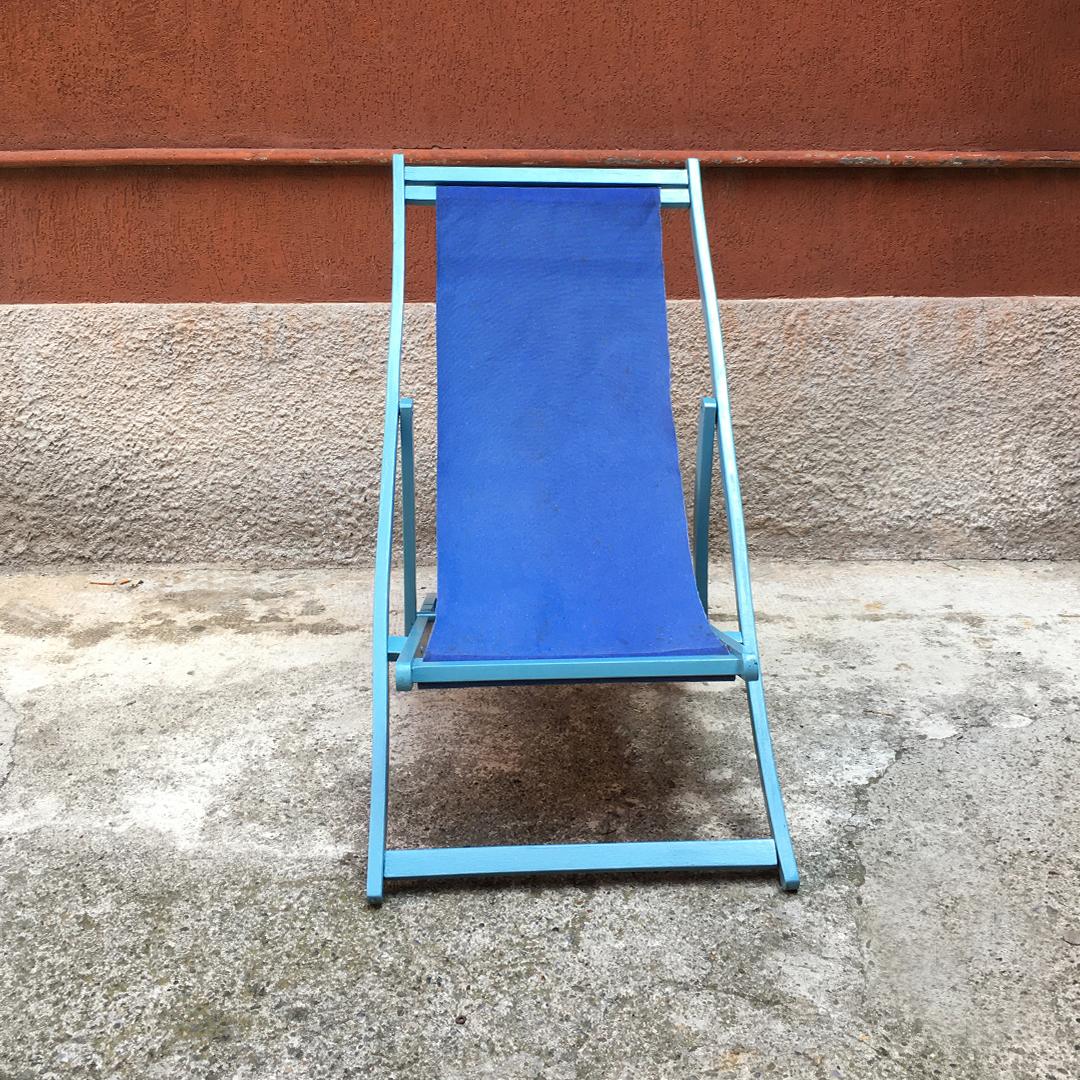 Italian Vintage Deckchair in Light-Blue Wooden Structure and Blue Fabric, 1960s 2