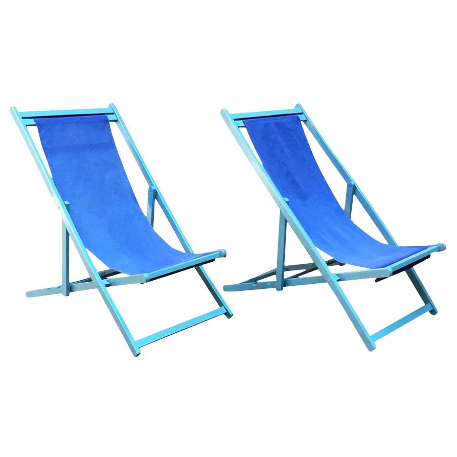 Italian Vintage Deckchair in Light-Blue Wooden Structure and Blue Fabric, 1960s