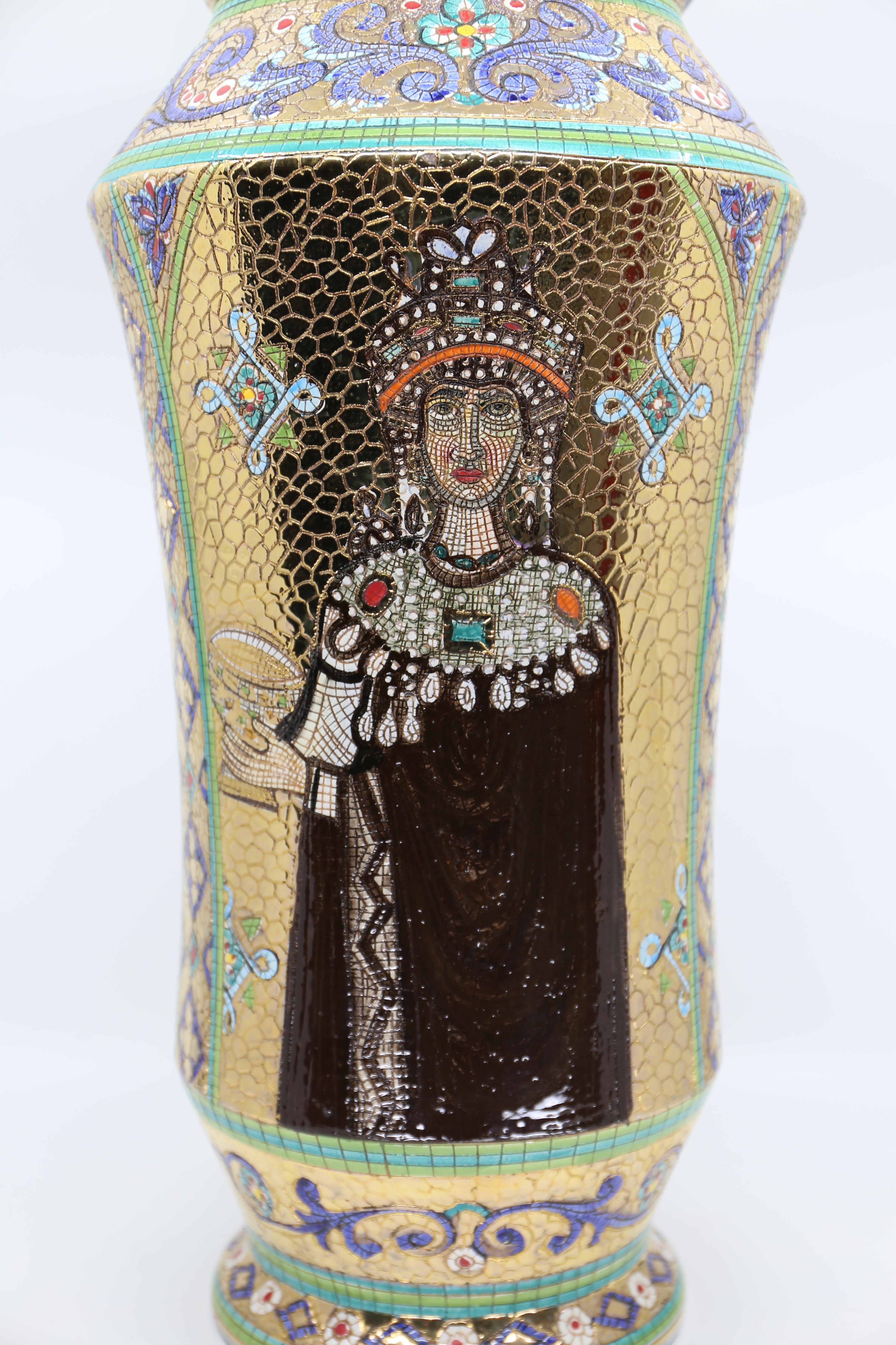 Italian Vintage Deruta Mosaic Hand Painted Floral & Figural Vase  For Sale 5