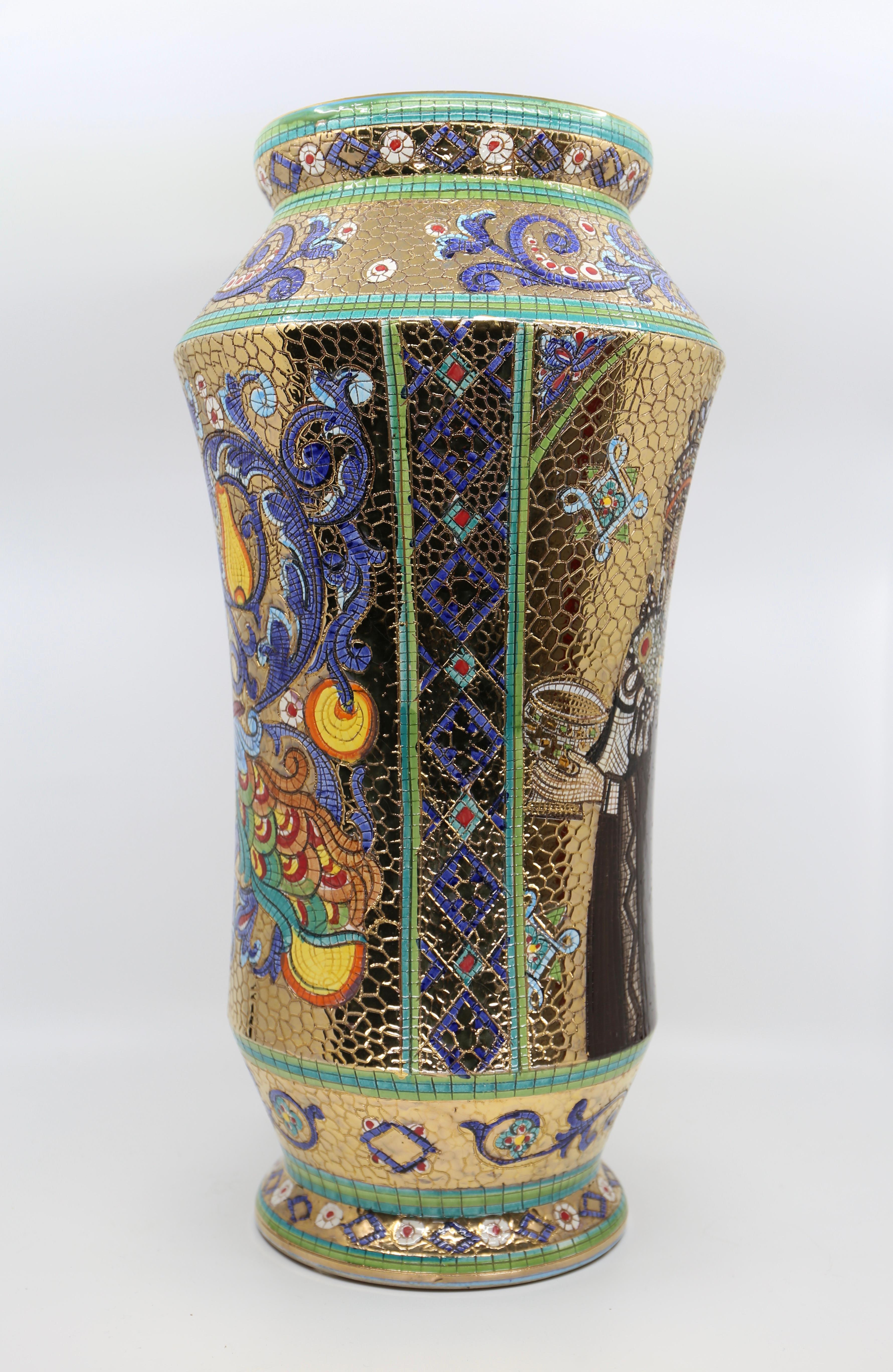 Italian Vintage Deruta Mosaic Hand Painted Floral & Figural Vase  For Sale 7