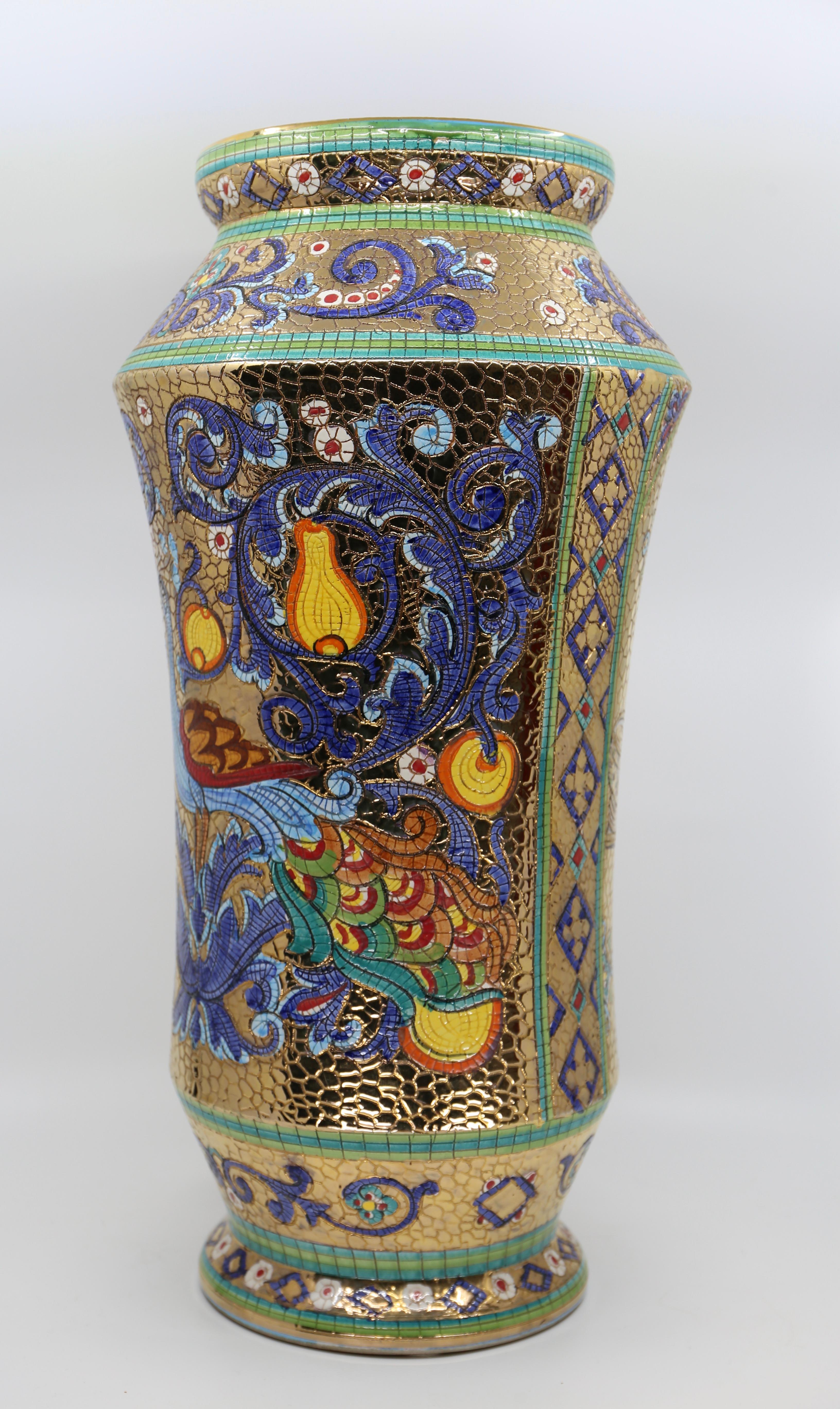 Italian Vintage Deruta Mosaic Hand Painted Floral & Figural Vase  For Sale 8