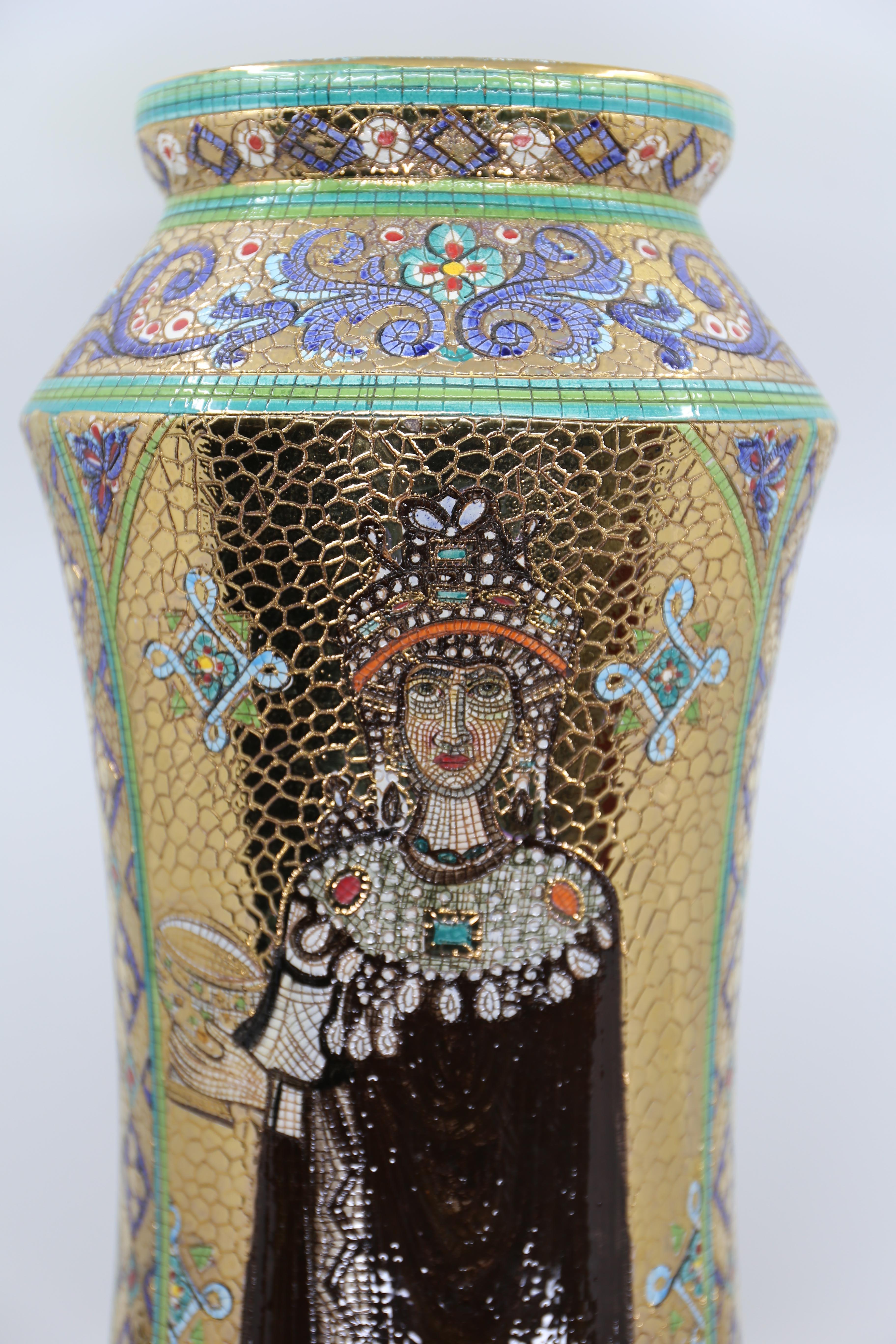 Hollywood Regency Italian Vintage Deruta Mosaic Hand Painted Floral & Figural Vase  For Sale