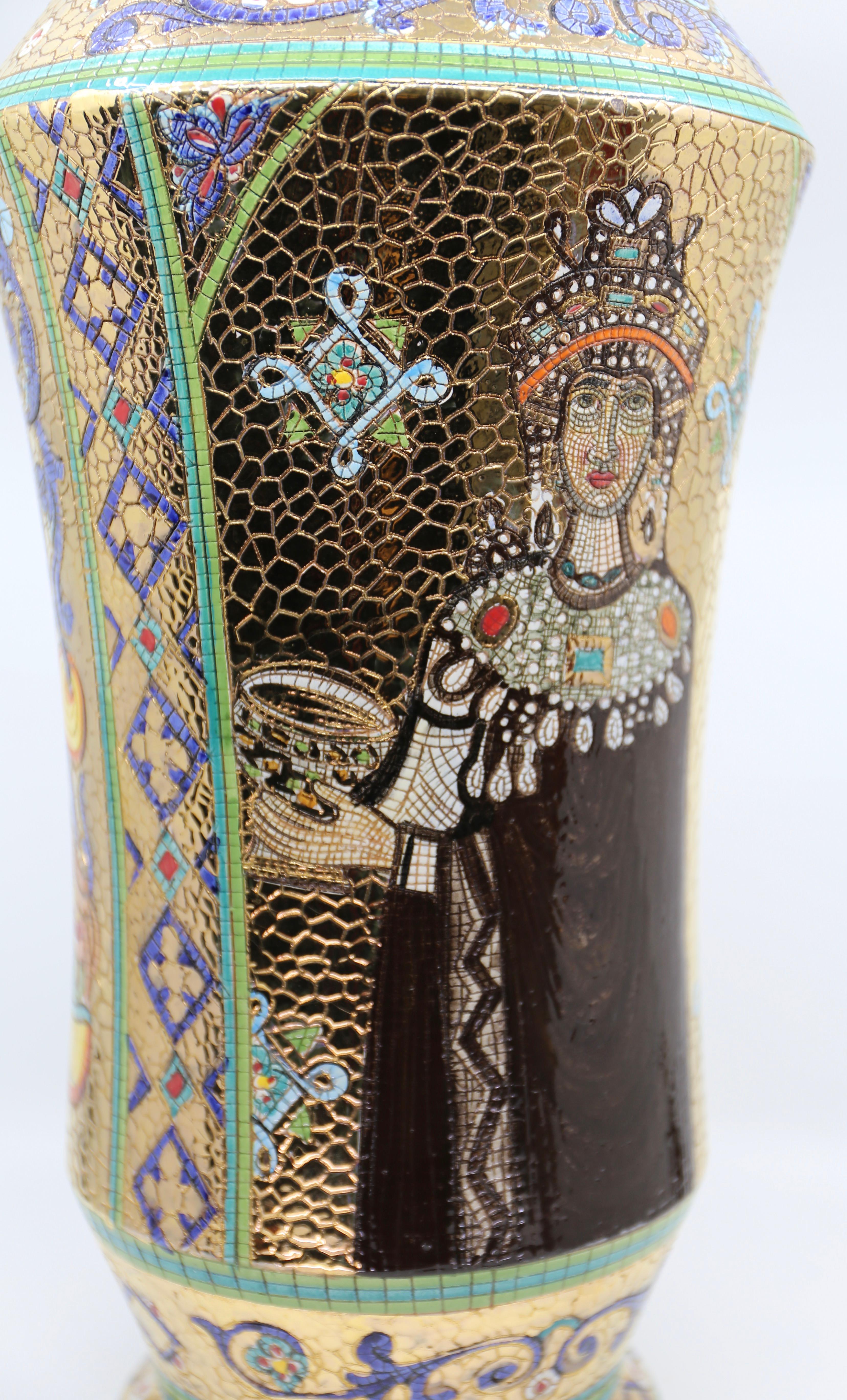 Majolica Italian Vintage Deruta Mosaic Hand Painted Floral & Figural Vase  For Sale