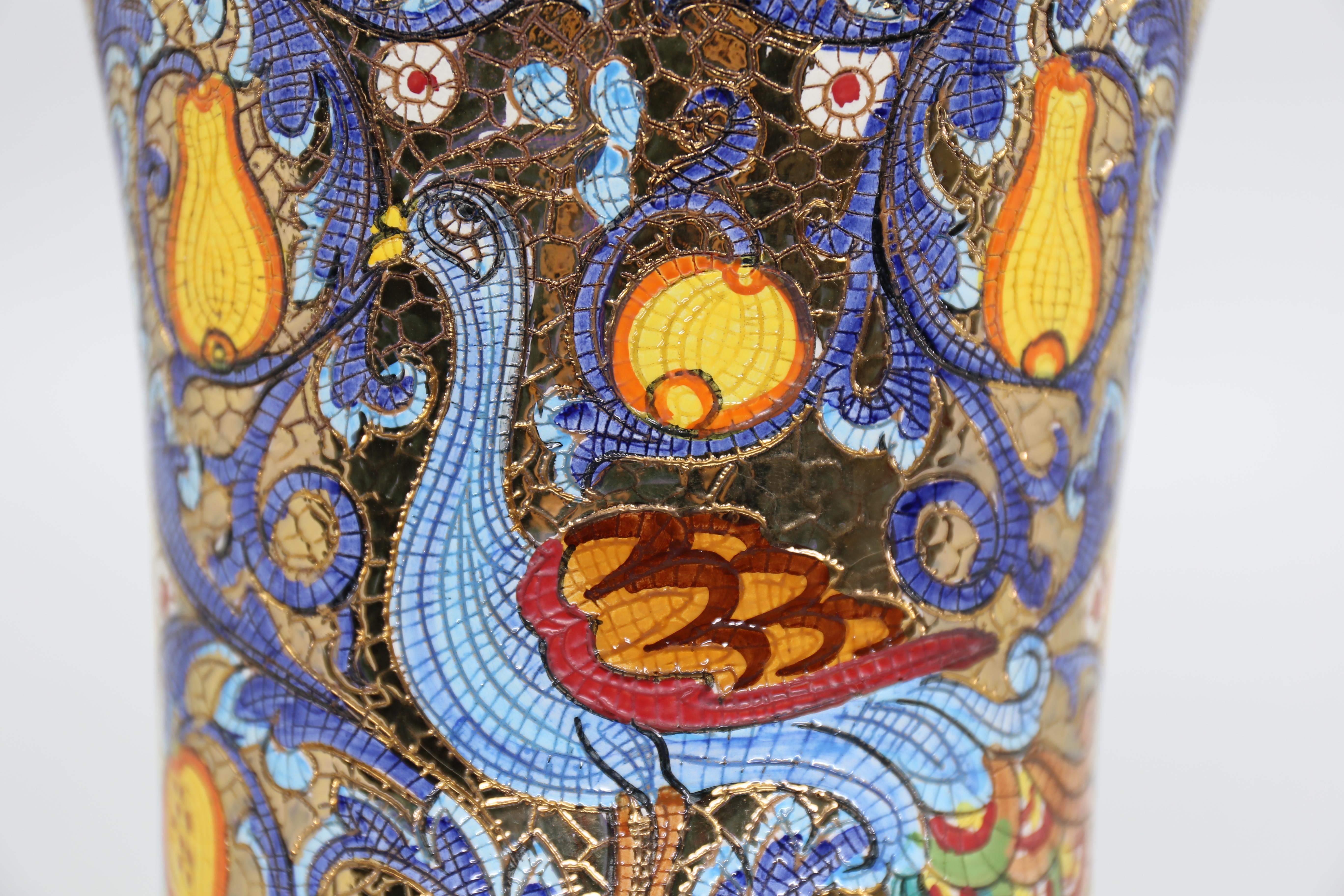 Italian Vintage Deruta Mosaic Hand Painted Floral & Figural Vase  For Sale 2