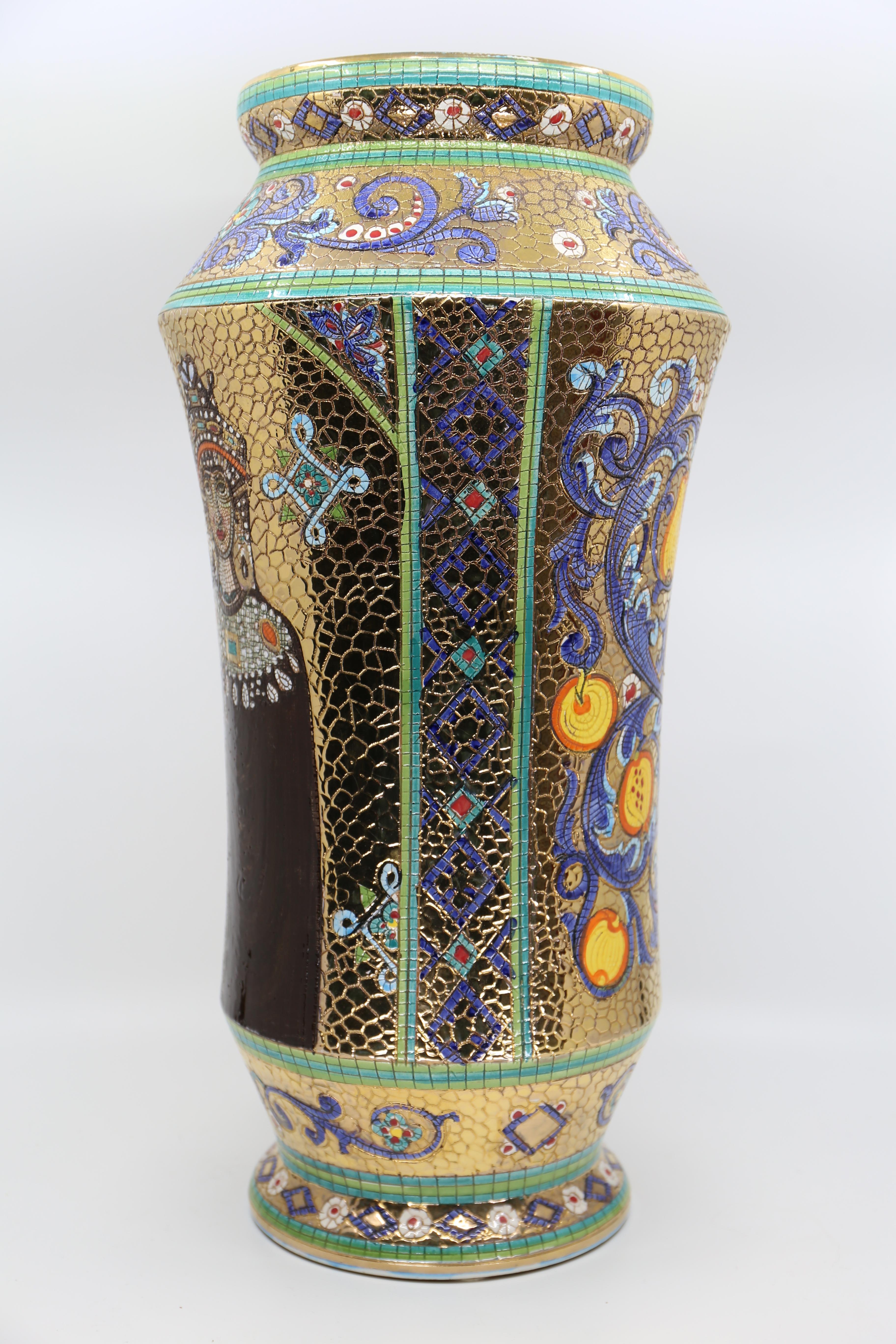 Italian Vintage Deruta Mosaic Hand Painted Floral & Figural Vase  For Sale 2