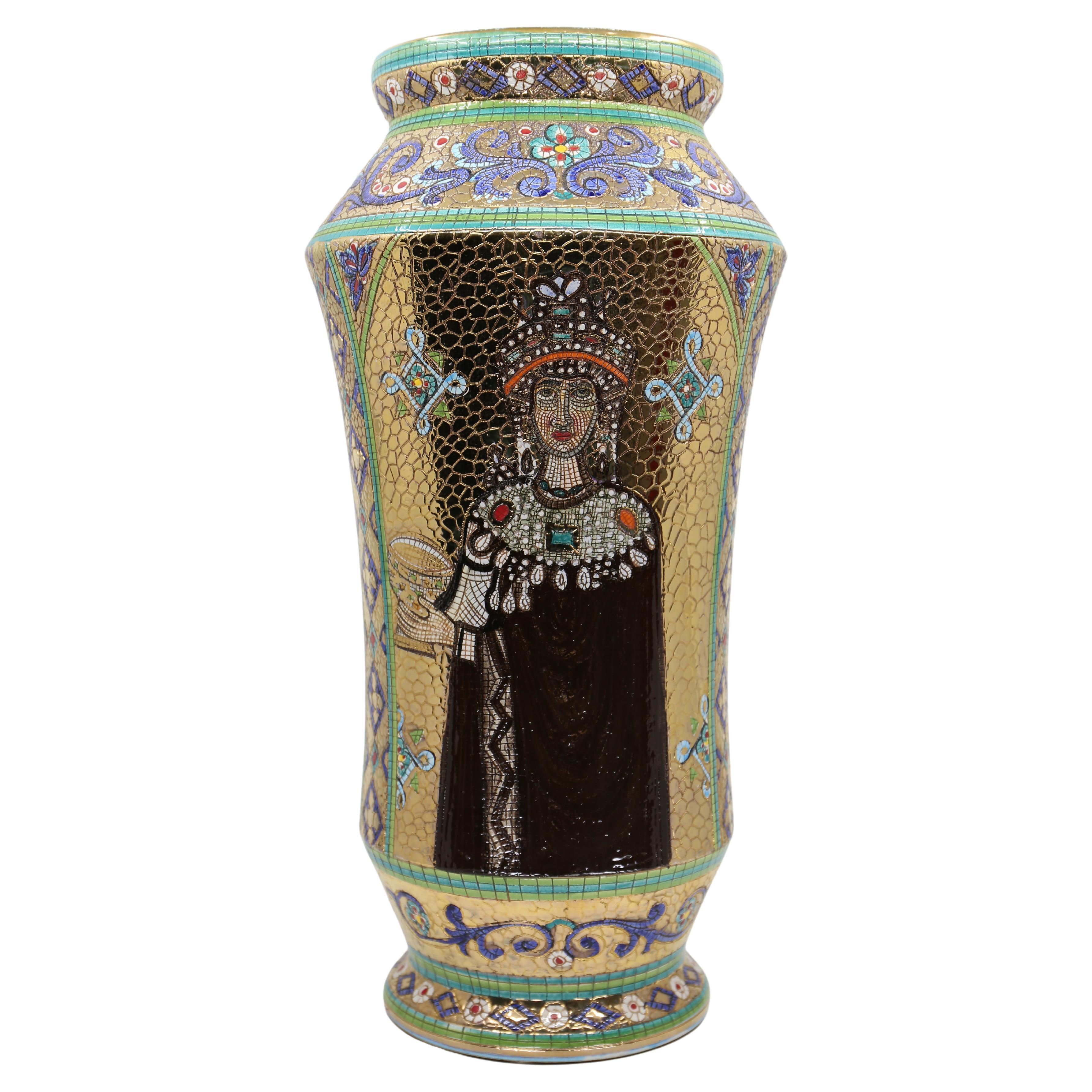 Italian Vintage Deruta Mosaic Hand Painted Floral & Figural Vase  For Sale