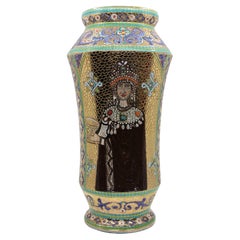 Italian Vintage Deruta Mosaic Hand Painted Floral & Figural Vase 