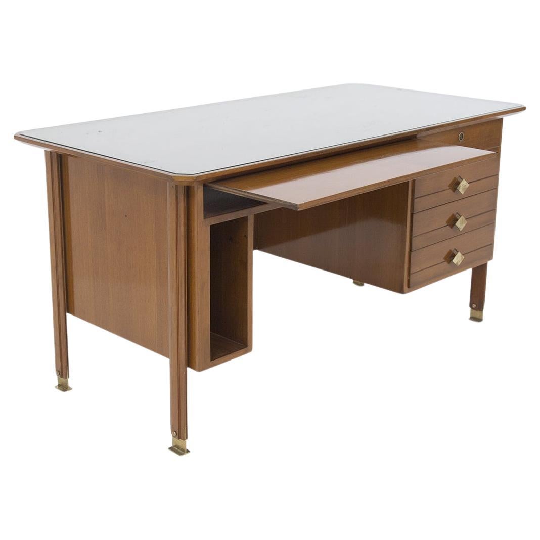 Italian Vintage Desk in Walnut Wood, Brass and Glass