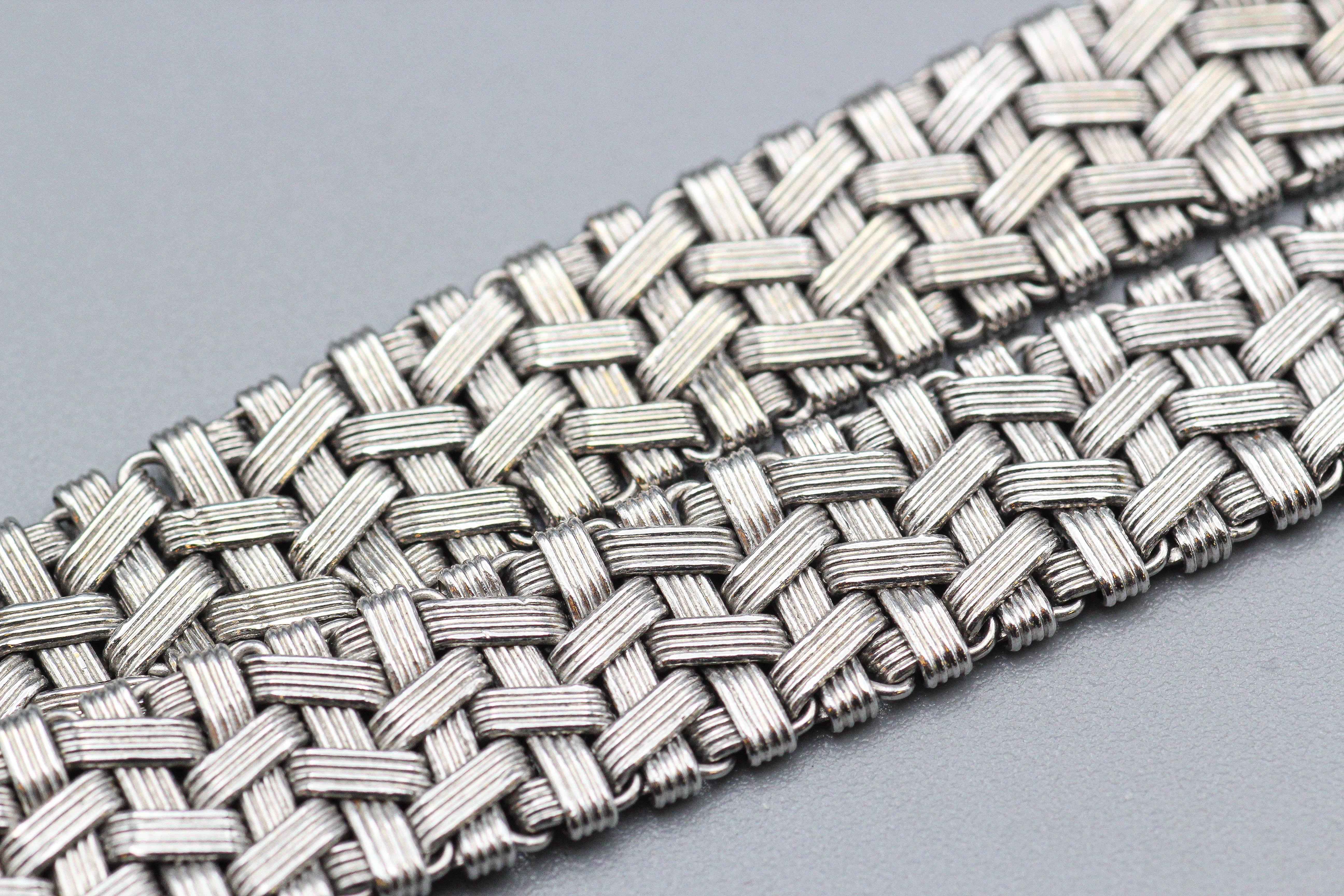 Italian Vintage Diamond 18k White Gold Adjustable Woven Belt In Good Condition For Sale In New York, NY