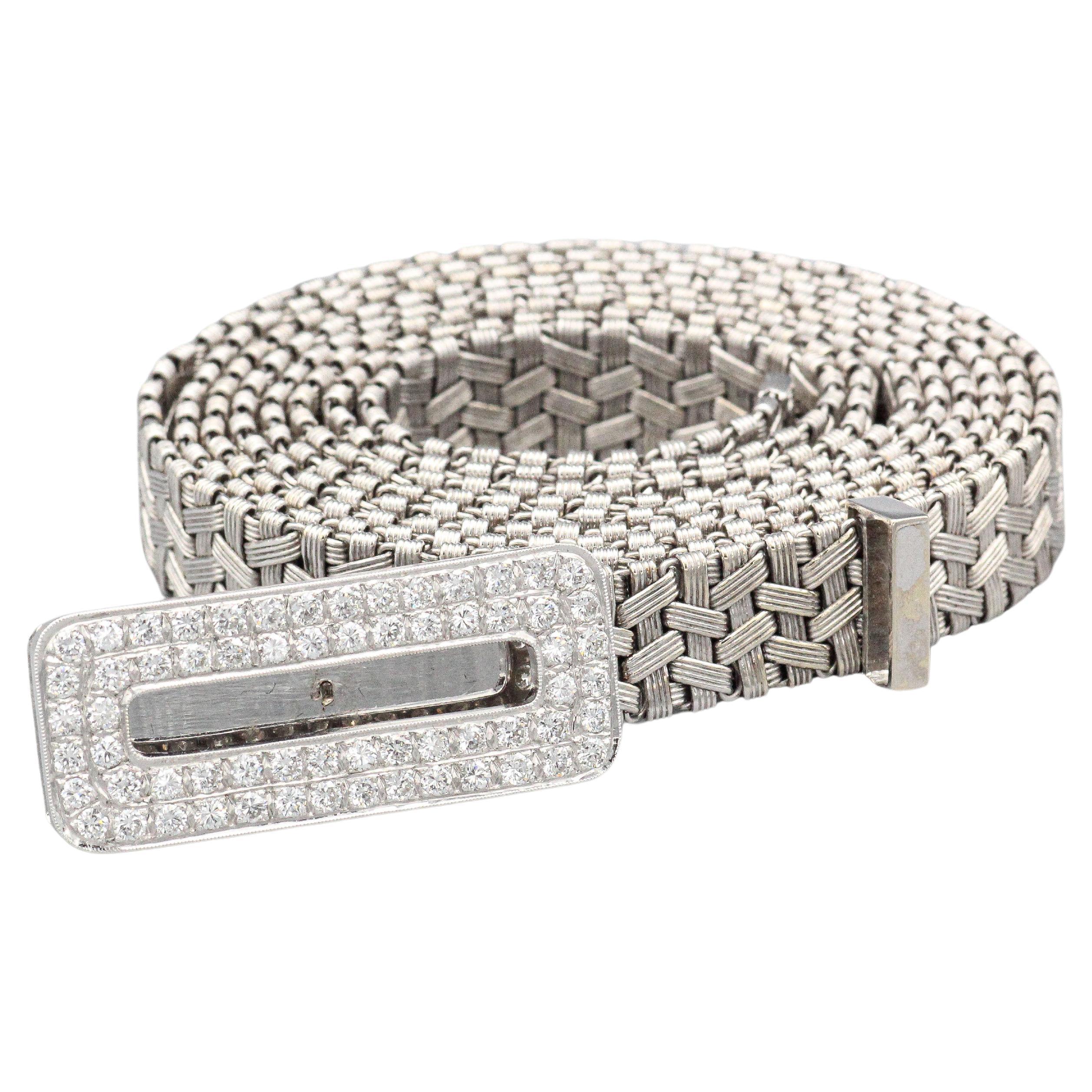 Italian Vintage Diamond 18k White Gold Adjustable Woven Belt