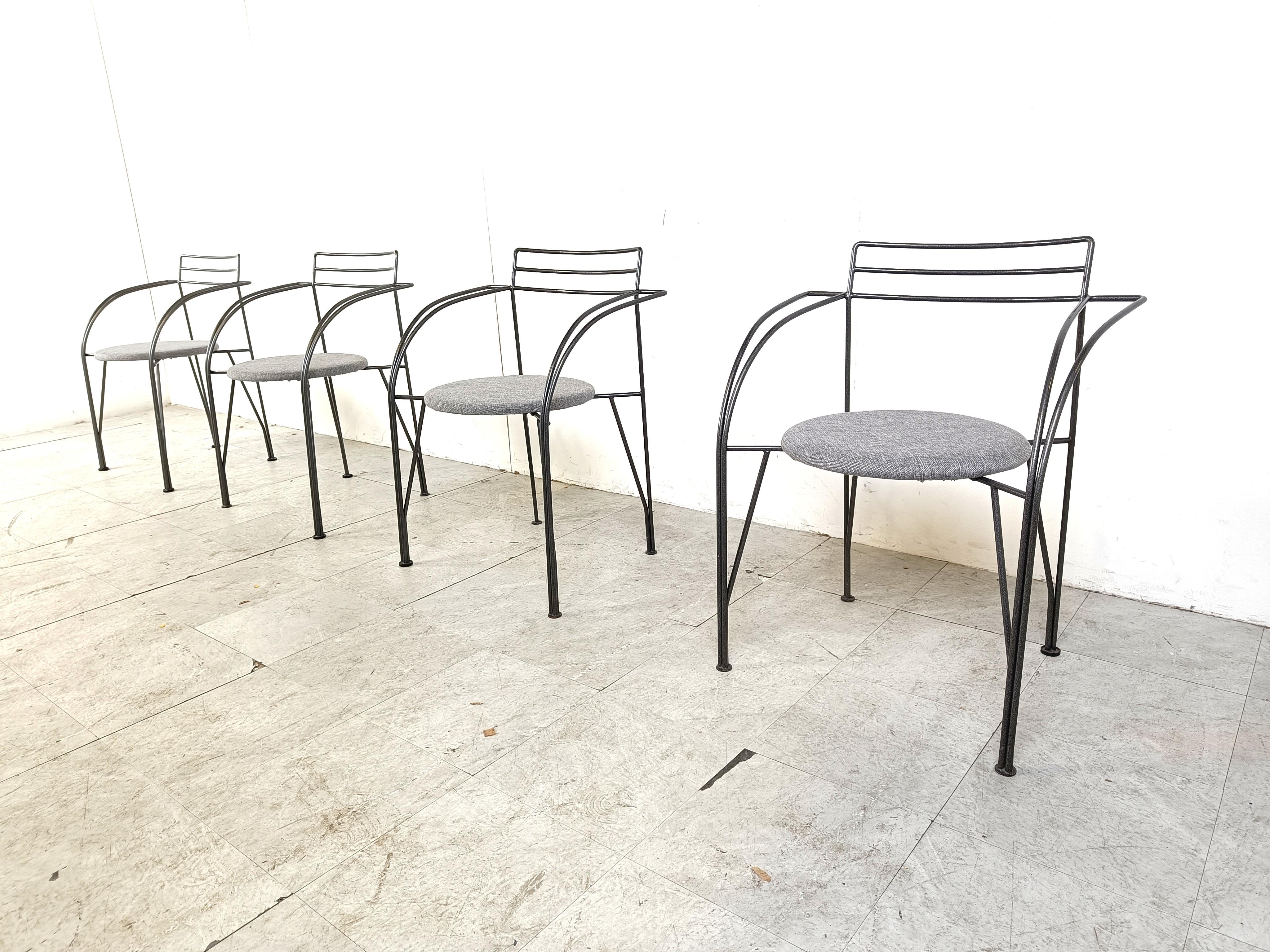 Metal Italian vintage dining chairs with armrests, 1980s, Set of 4 For Sale