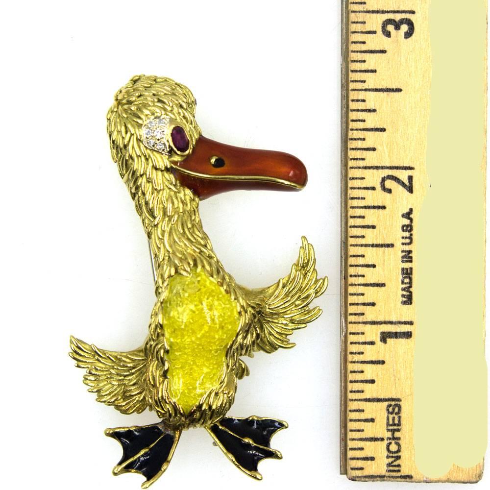 Modern Italian Vintage Enamel 18 Karat Yellow Gold Duck Brooch Pin