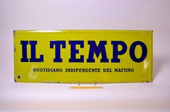 Italian Vintage Enamel Acid Yellow and Blue Il Tempo Newspaper Sign, 1950s