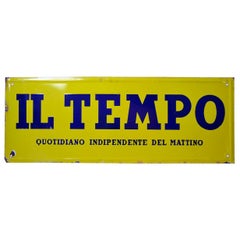 Italian Vintage Enamel Acid Yellow and Blue Il Tempo Newspaper Sign, 1950s