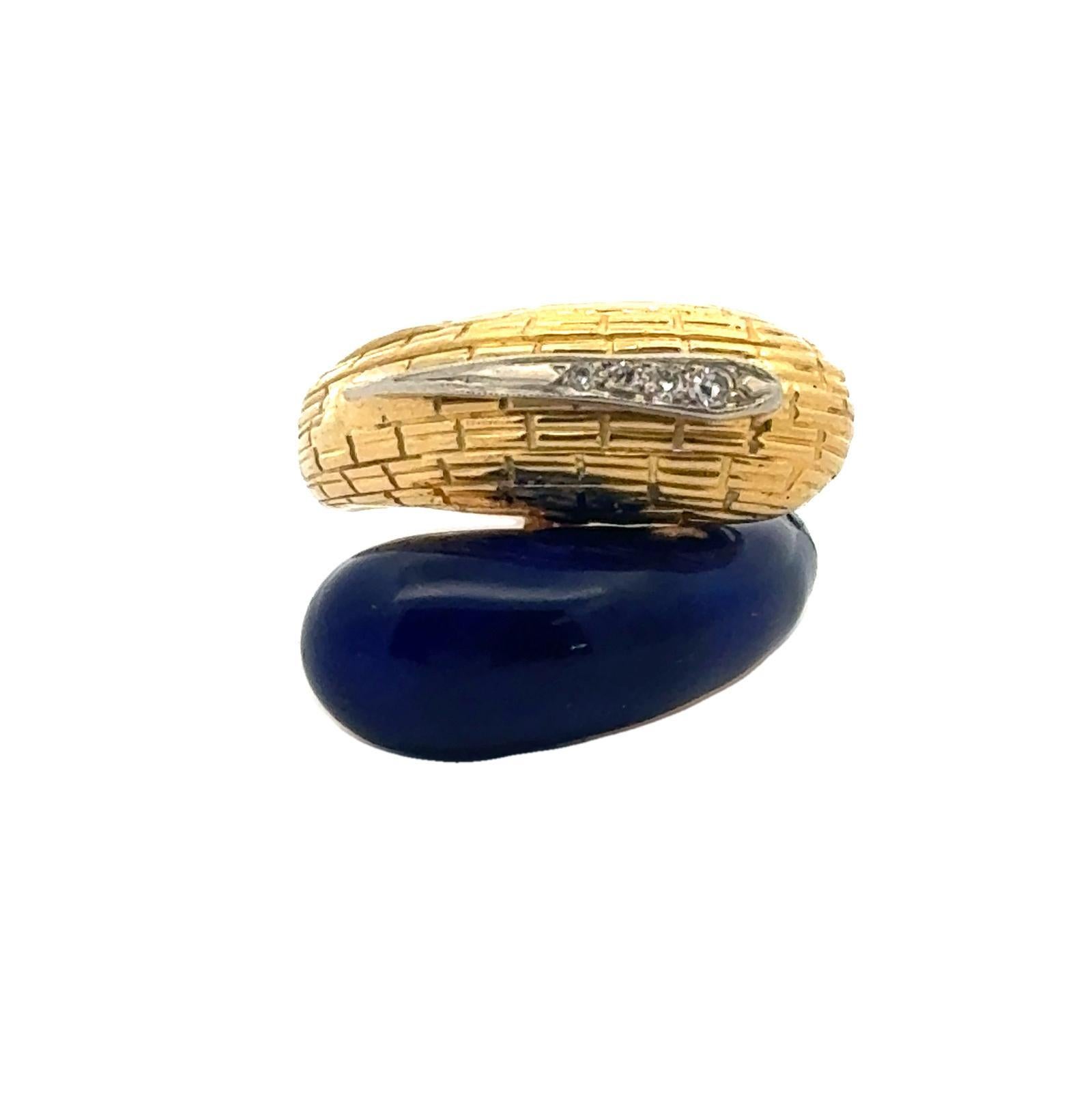 Modern Italian Vintage Enamel Diamond 18 Karat Yellow Gold Bypass Ring