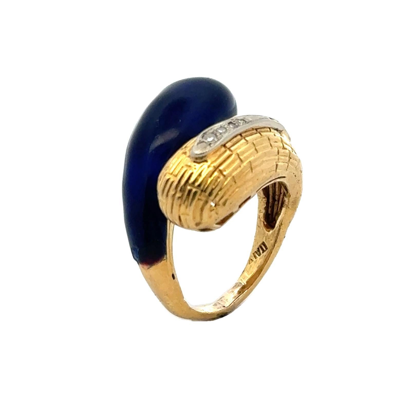 Italian Vintage Enamel Diamond 18 Karat Yellow Gold Bypass Ring 1