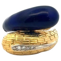 Italian Vintage Enamel Diamond 18 Karat Yellow Gold Bypass Ring