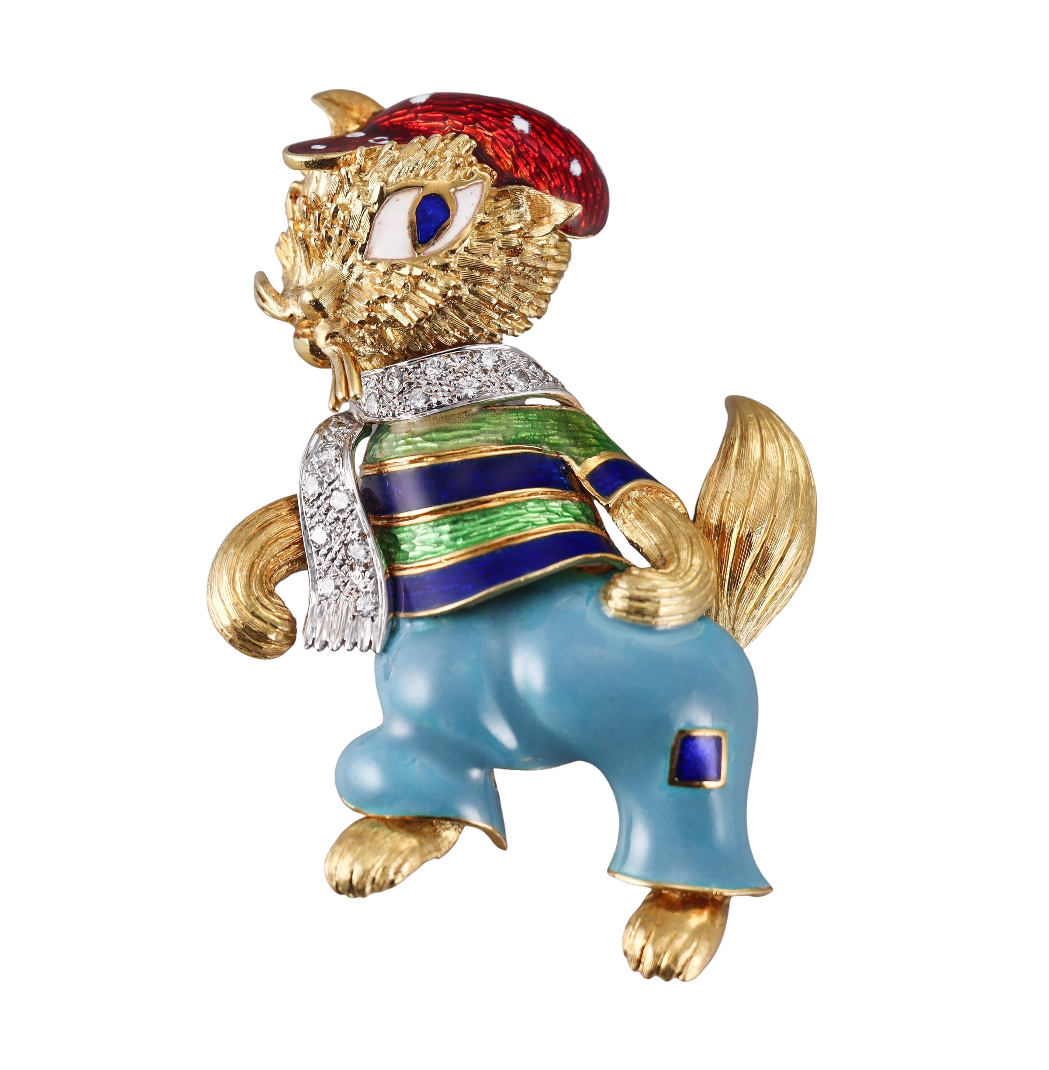 Italienische Vintage-Emaille-Diamant-Eichhörnchen-Brosche (Rundschliff) im Angebot