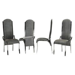 Italian Vintage Four Curved High Back Chrome Chairs in Blue Gray Stitch Fabric