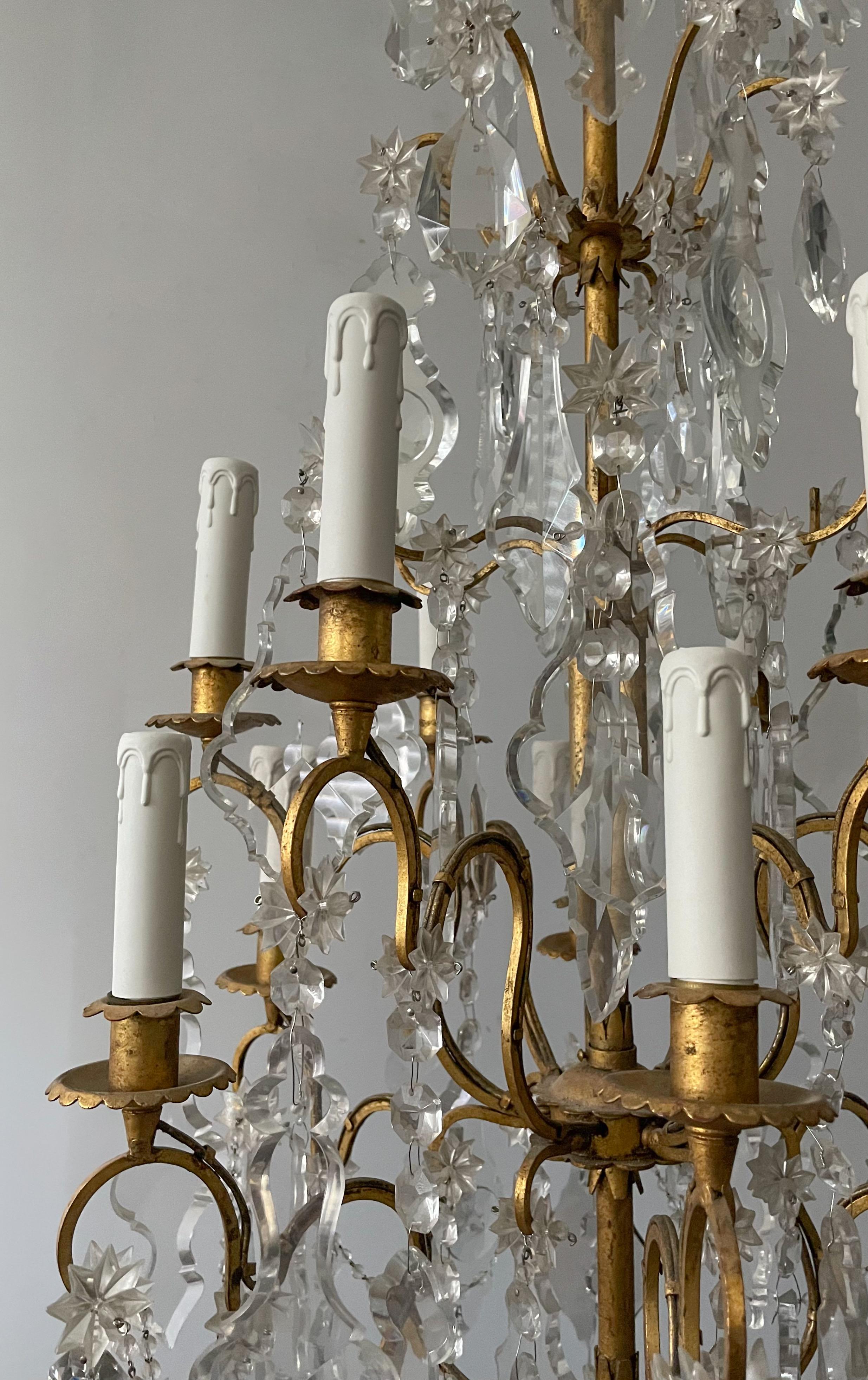 Italian Vintage Gilt Iron and Crystal Chandelier  In Good Condition For Sale In Los Angeles, CA