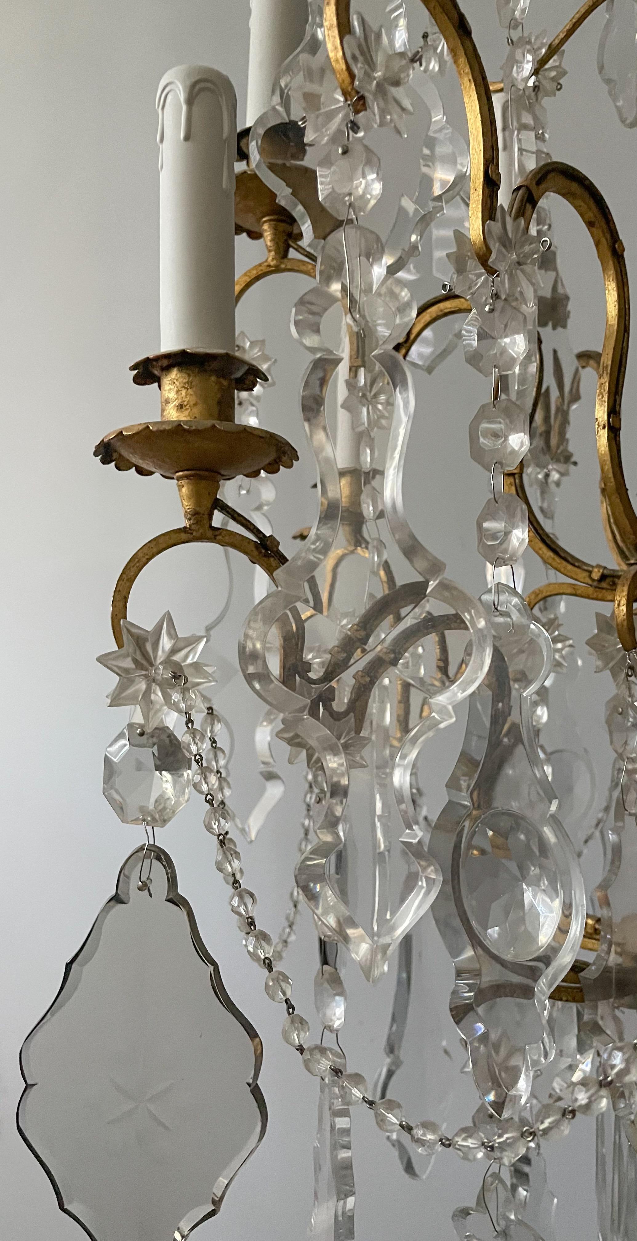 Mid-20th Century Italian Vintage Gilt Iron and Crystal Chandelier  For Sale