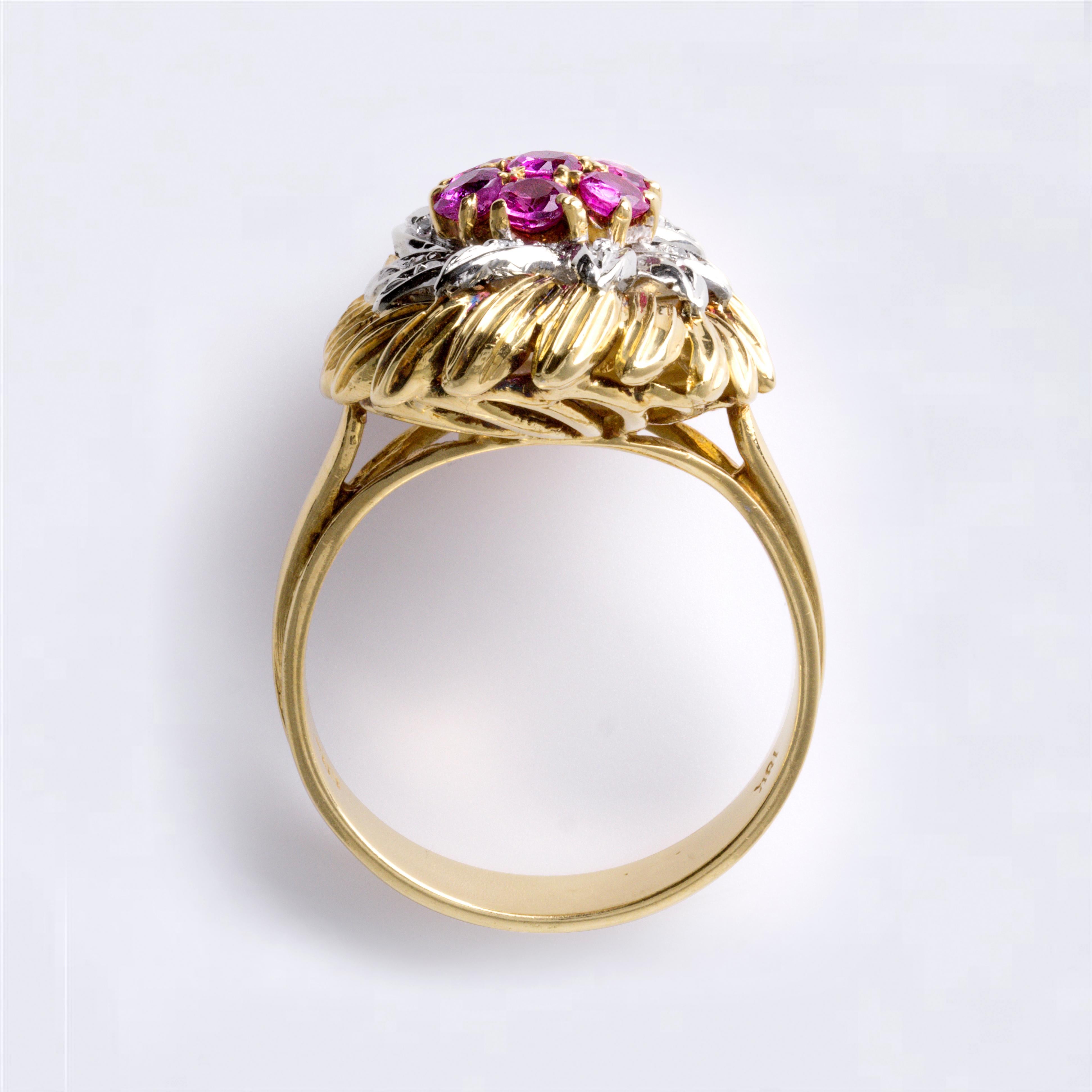 Artisan Italian Vintage Gold Pink Sapphire & Diamond Ring  18K Two-Tone Gold  Size 7.2 For Sale