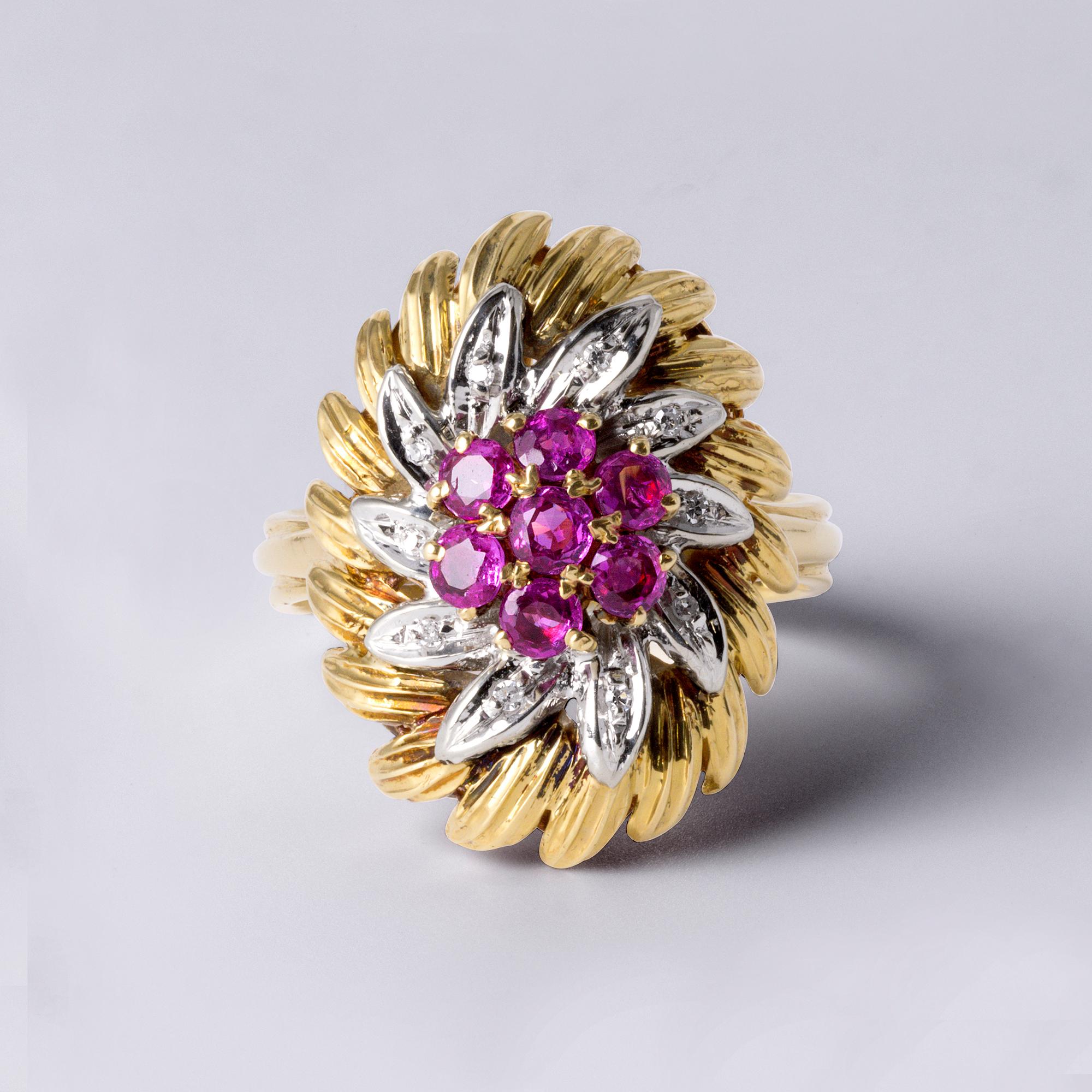 Women's Italian Vintage Gold Pink Sapphire & Diamond Ring  18K Two-Tone Gold  Size 7.2 For Sale