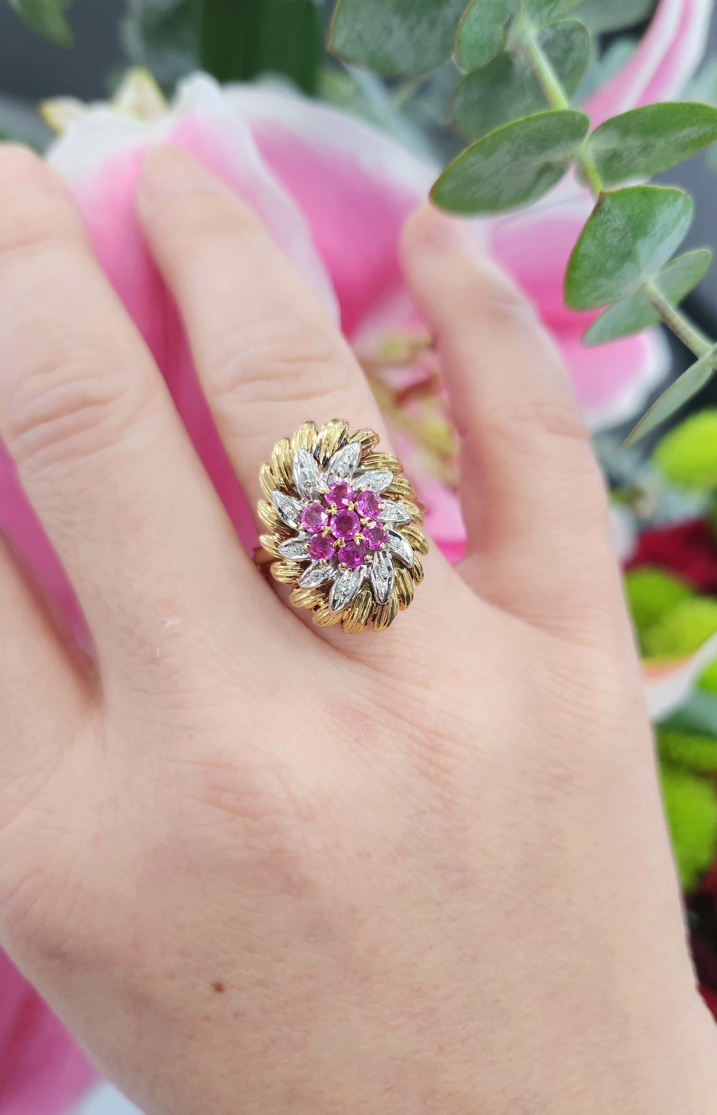 Italian Vintage Gold Pink Sapphire & Diamond Ring  18K Two-Tone Gold  Size 7.2 For Sale 1
