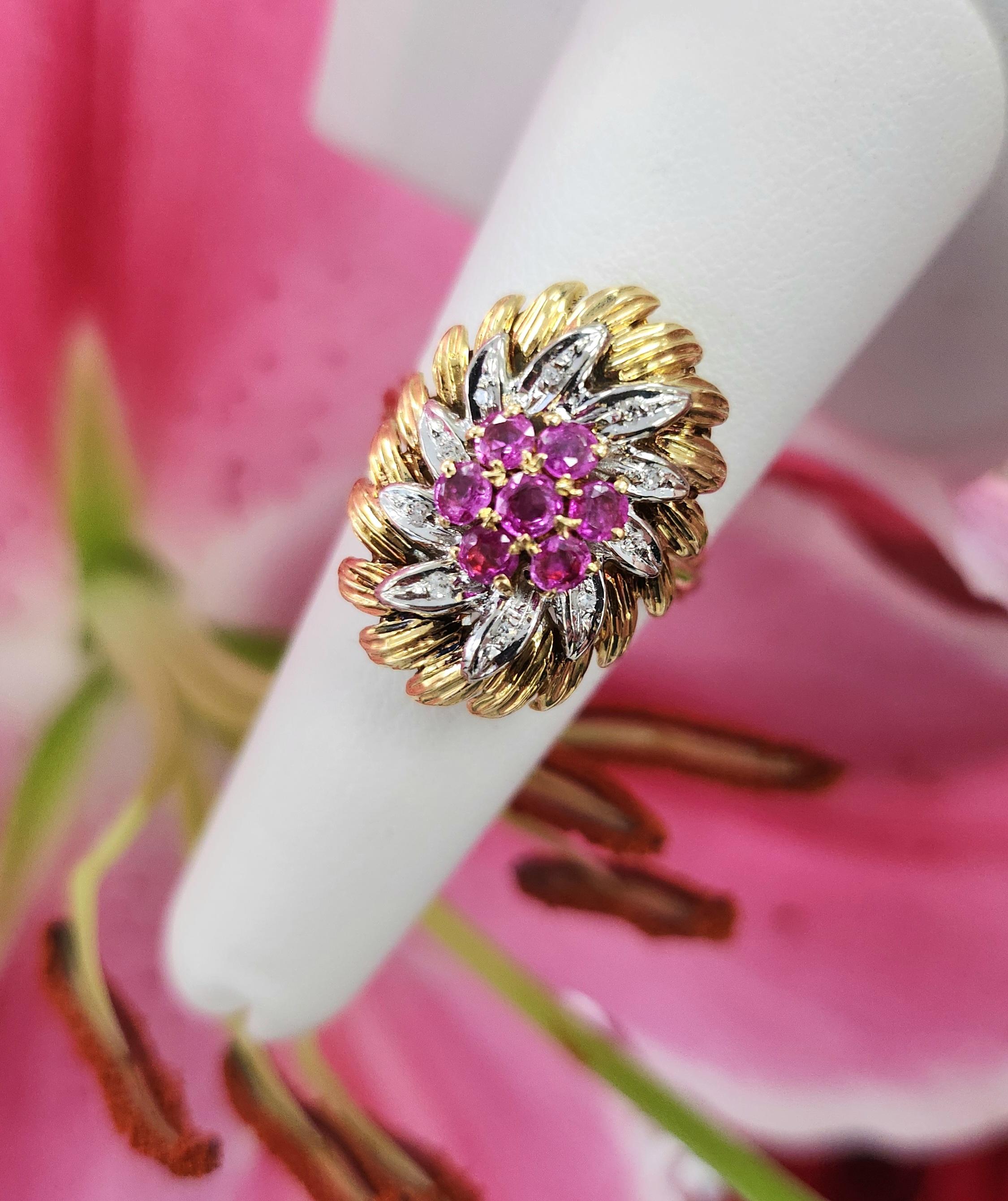 Italian Vintage Gold Pink Sapphire & Diamond Ring  18K Two-Tone Gold  Size 7.2 For Sale 2