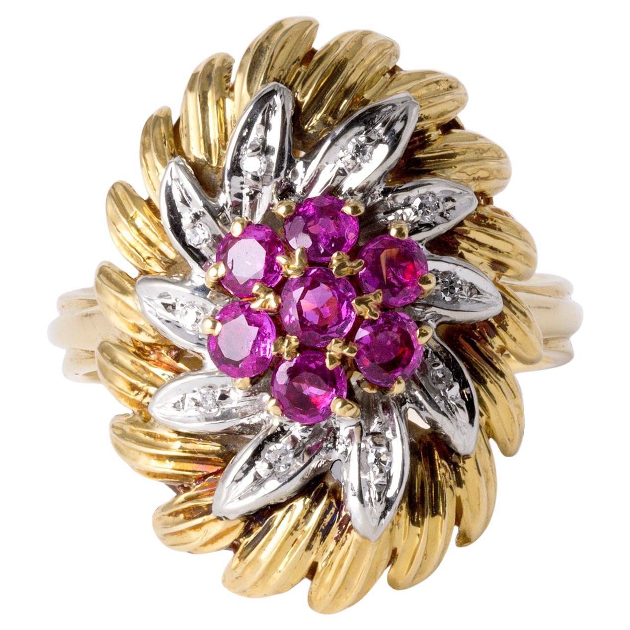 Italian Vintage Gold Pink Sapphire & Diamond Ring  18K Two-Tone Gold  Size 7.2