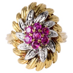 Italian Vintage Gold Pink Sapphire & Diamond Ring  18K Two-Tone Gold  Size 7.2