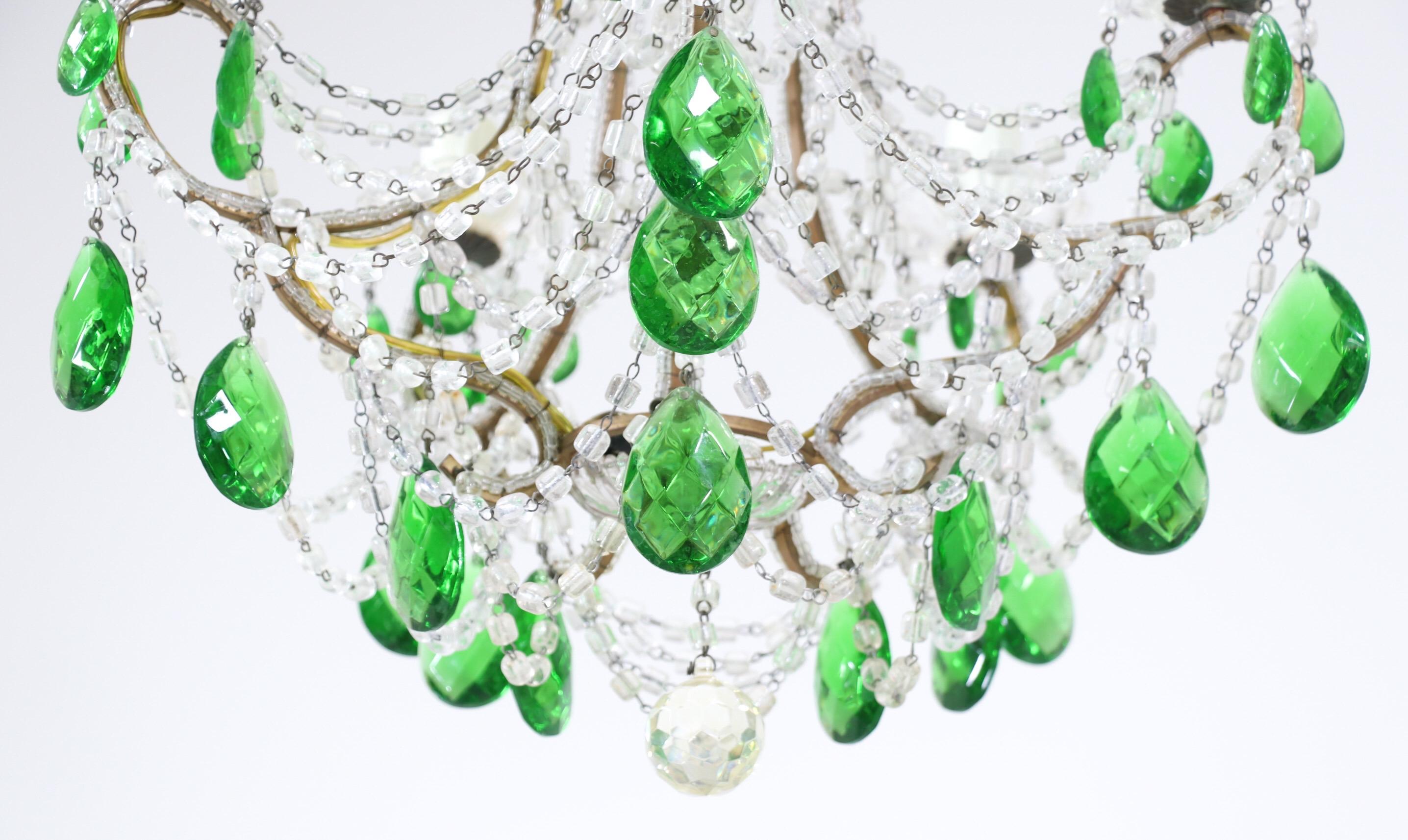 Italian Vintage Green Crystal Beaded Chandelier In Good Condition In Los Angeles, CA