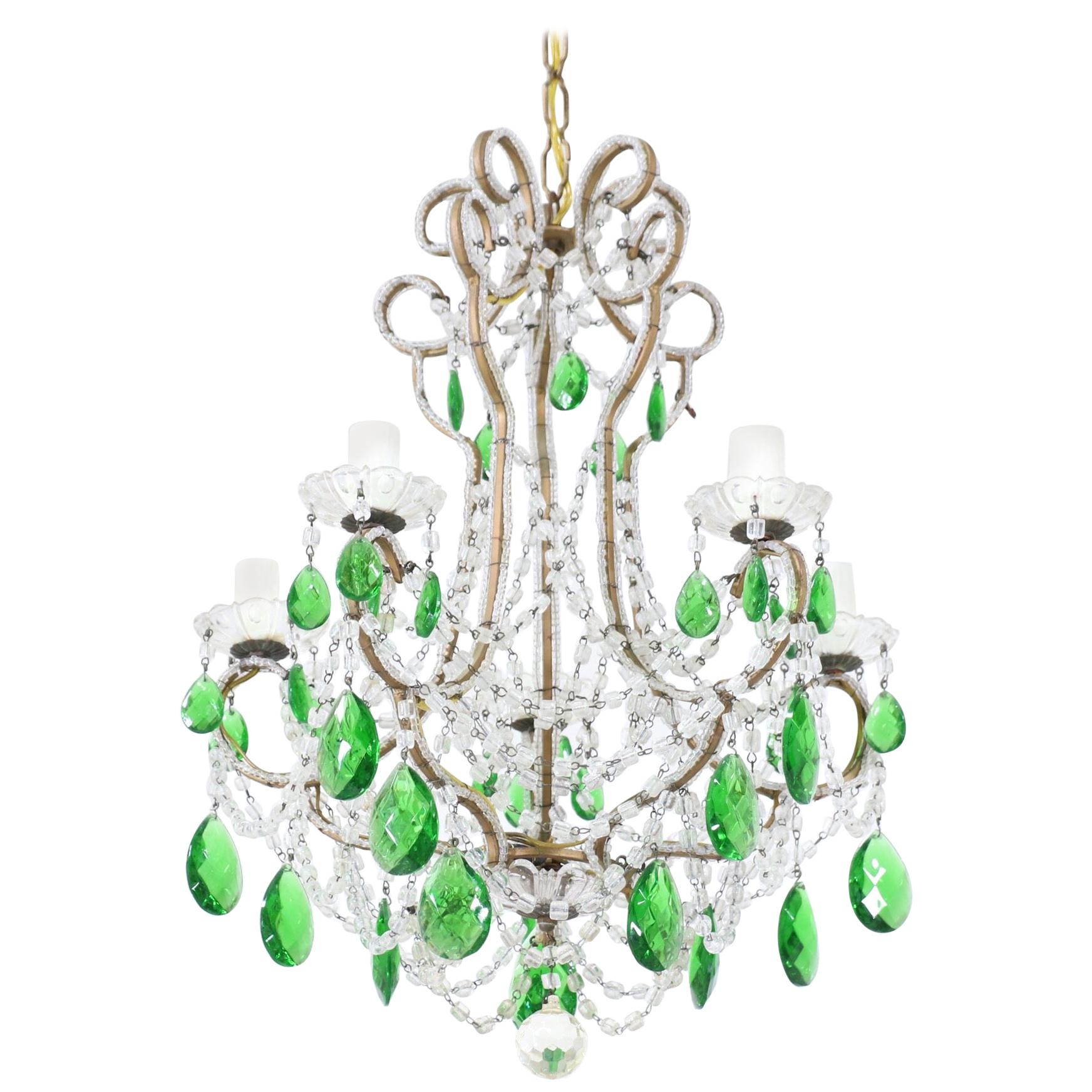 Italian Vintage Green Crystal Beaded Chandelier