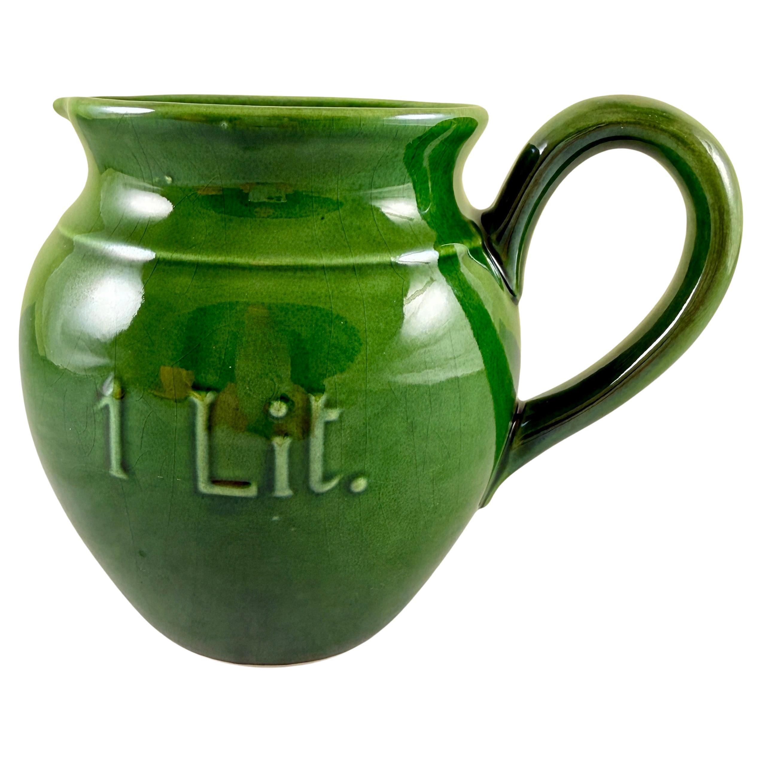 Italian Vintage Green Pottery One Liter Pitcher For Sale