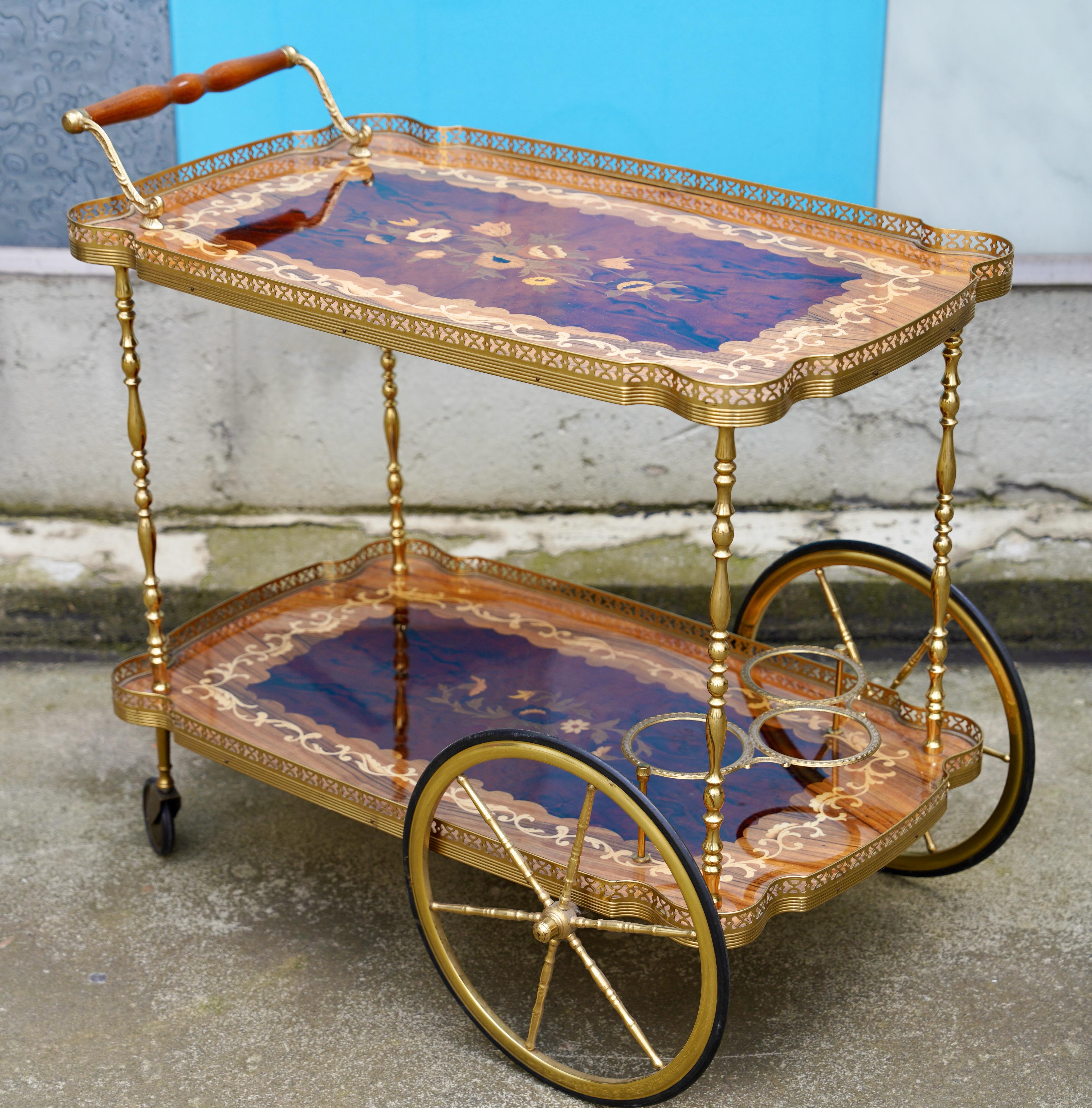 European Italian Vintage Hollywood Regency Wooden Inlaid marquetry, Bar Serving Cart For Sale