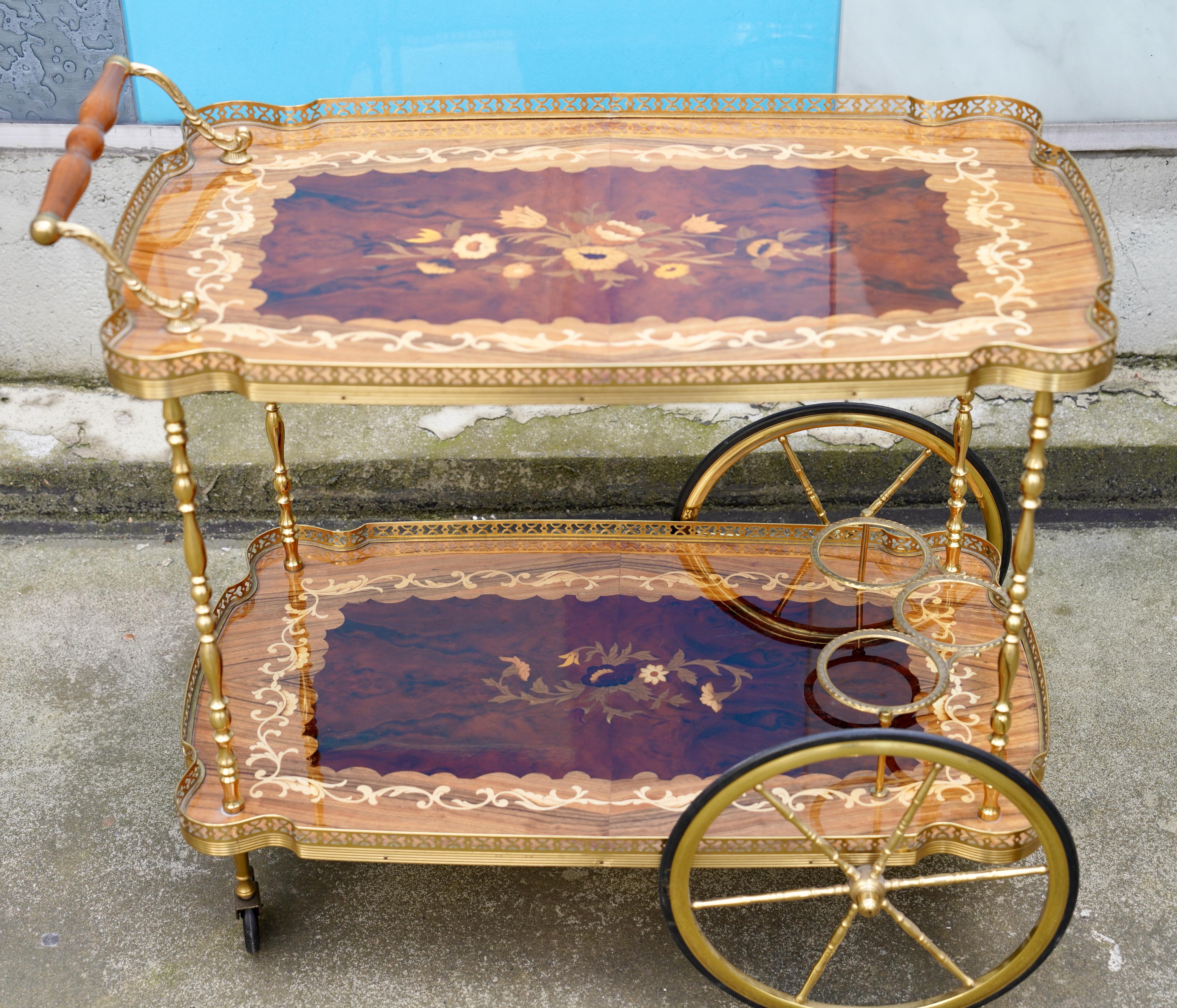 Inlay Italian Vintage Hollywood Regency Wooden Inlaid marquetry, Bar Serving Cart For Sale