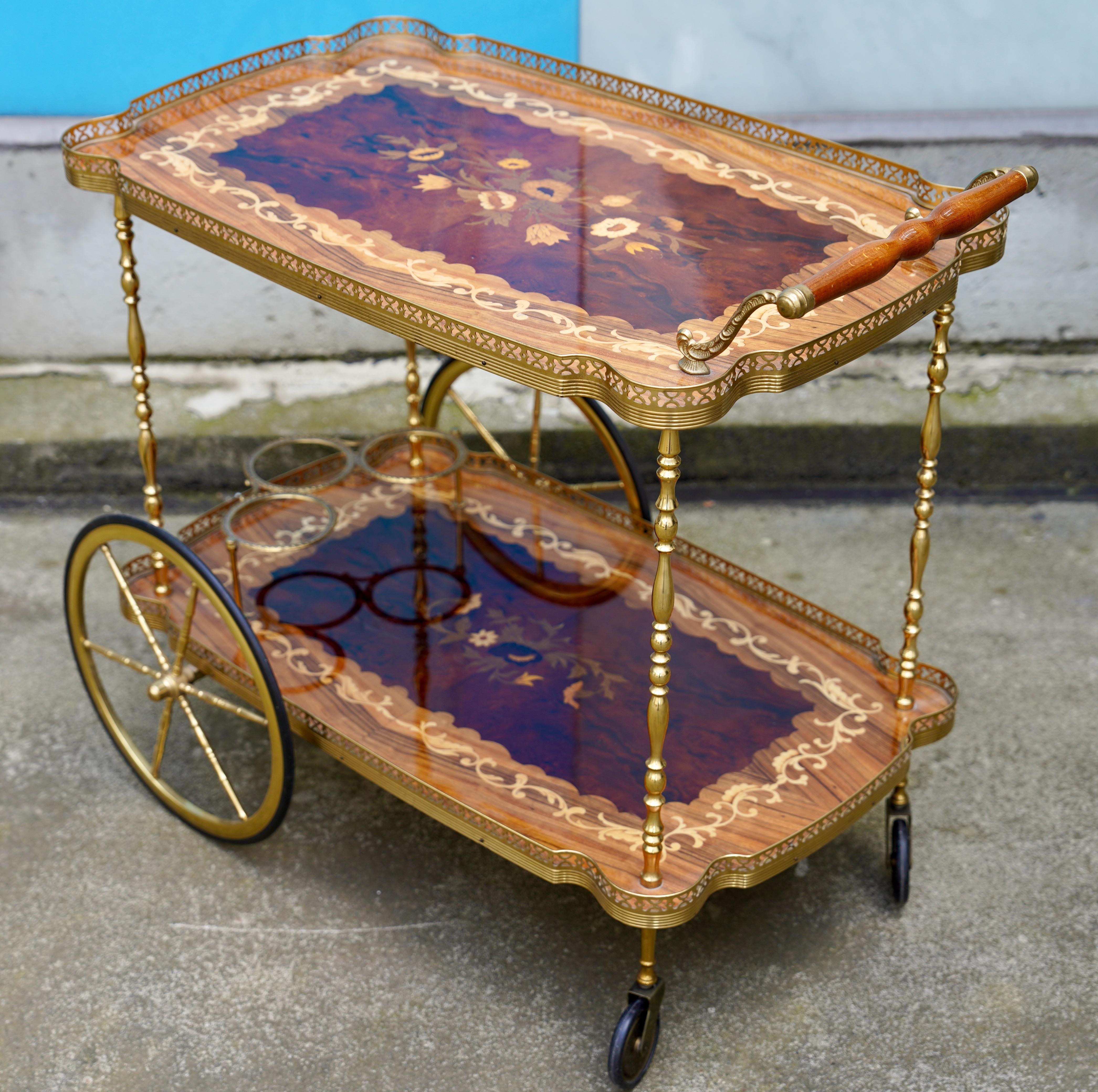 Italian Vintage Hollywood Regency Wooden Inlaid marquetry, Bar Serving Cart In Good Condition For Sale In Berlin, DE