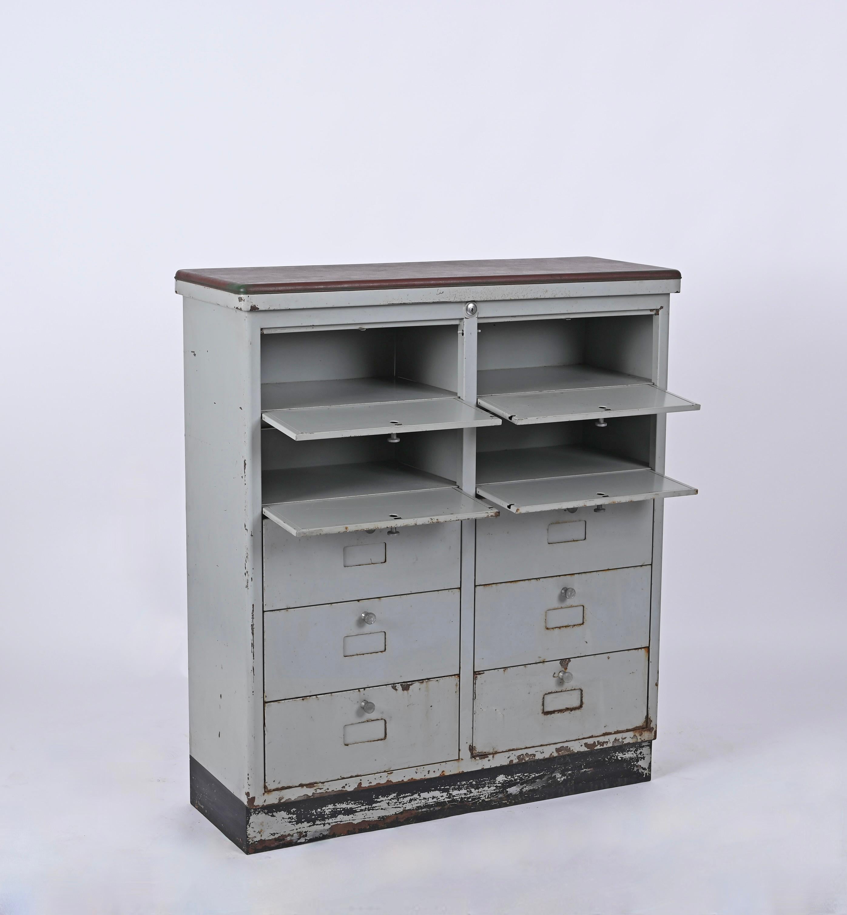 Italian Vintage Industrial Cabinet, Metal and Leather, Italy 1950s  For Sale 2