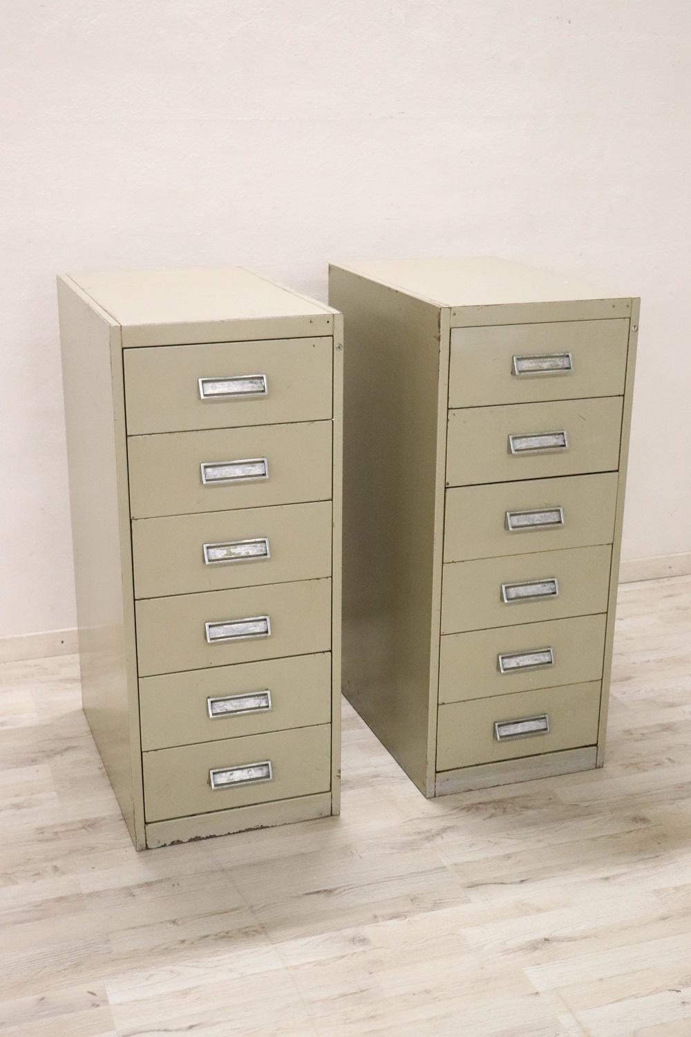 Italian set of two industrial multi drawers metal apothecary, 1970s. Equipped with six comfortable drawers. Condition used. 