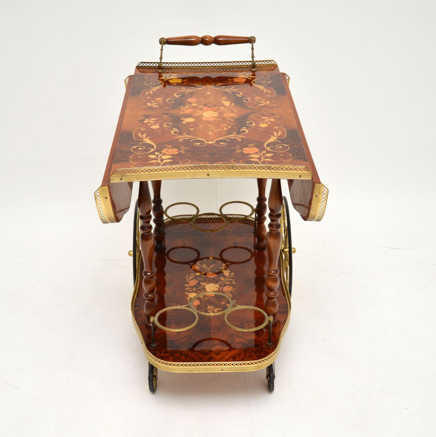 20th Century Italian Vintage Inlaid Walnut & Brass Drinks Trolley