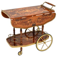 Italian Vintage Inlaid Walnut & Brass Drinks Trolley