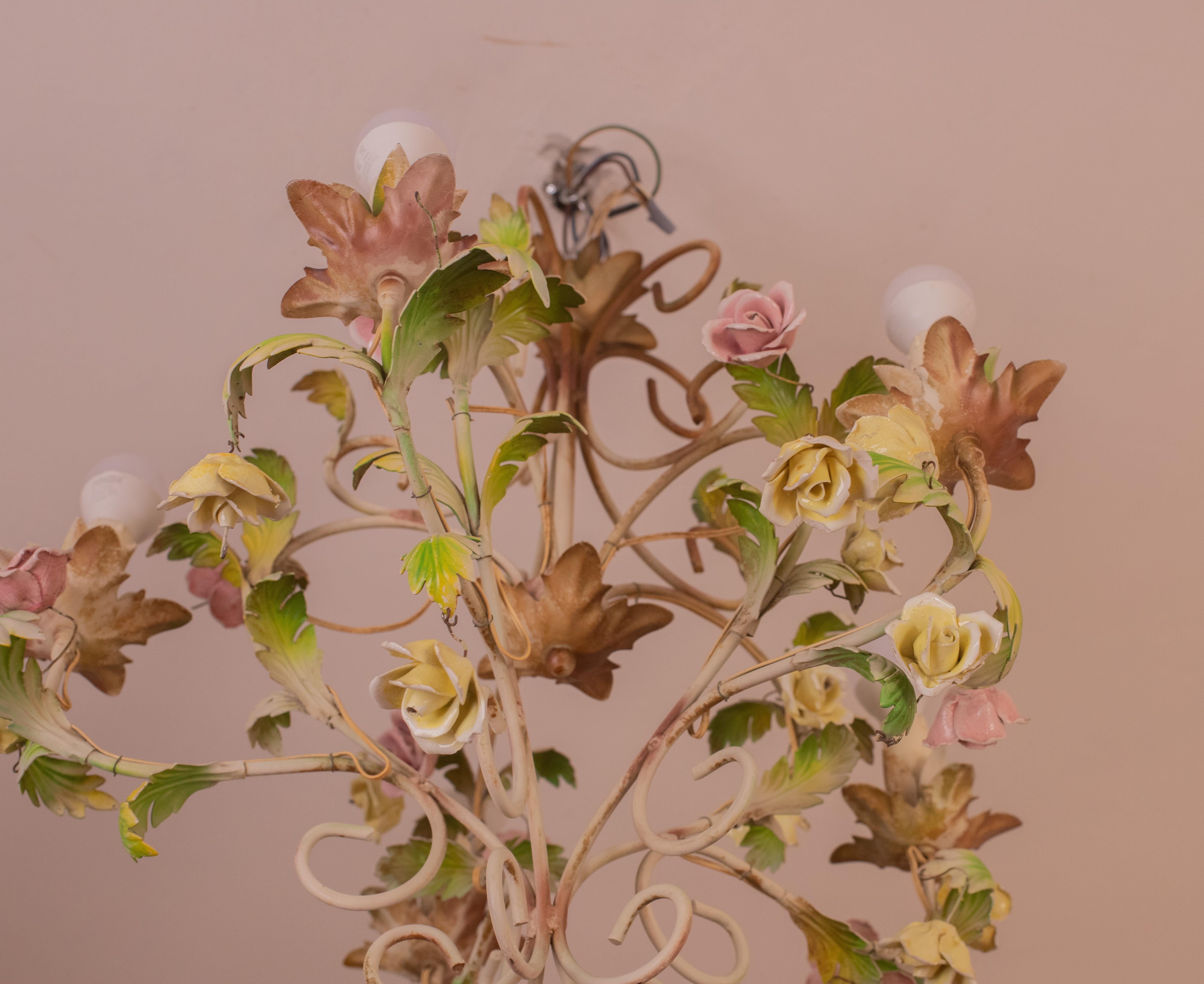 Italian Vintage Iron and Ceramic Flowers Chandelier, 1970s For Sale 8