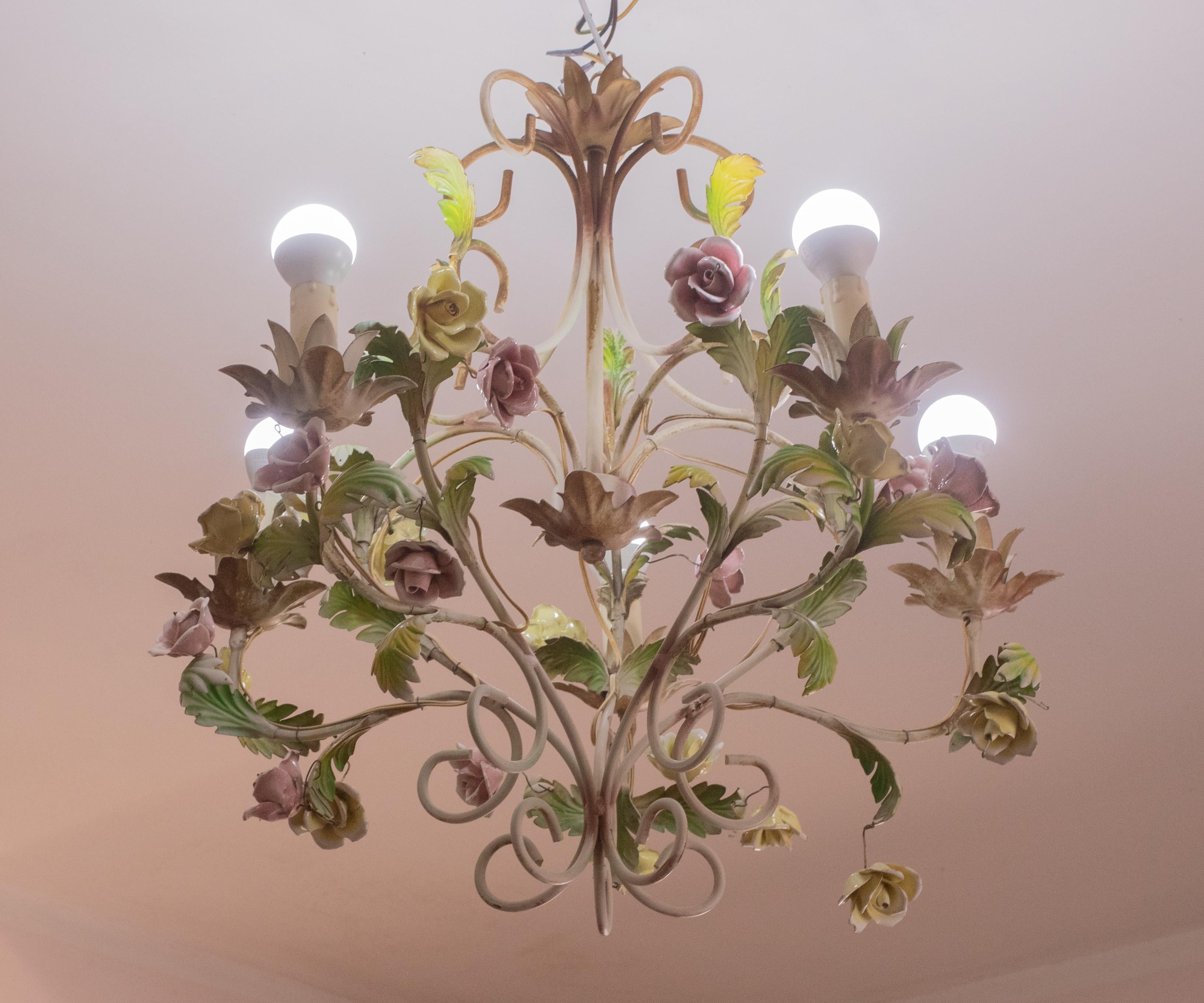 Late 20th Century Italian Vintage Iron and Ceramic Flowers Chandelier, 1970s For Sale