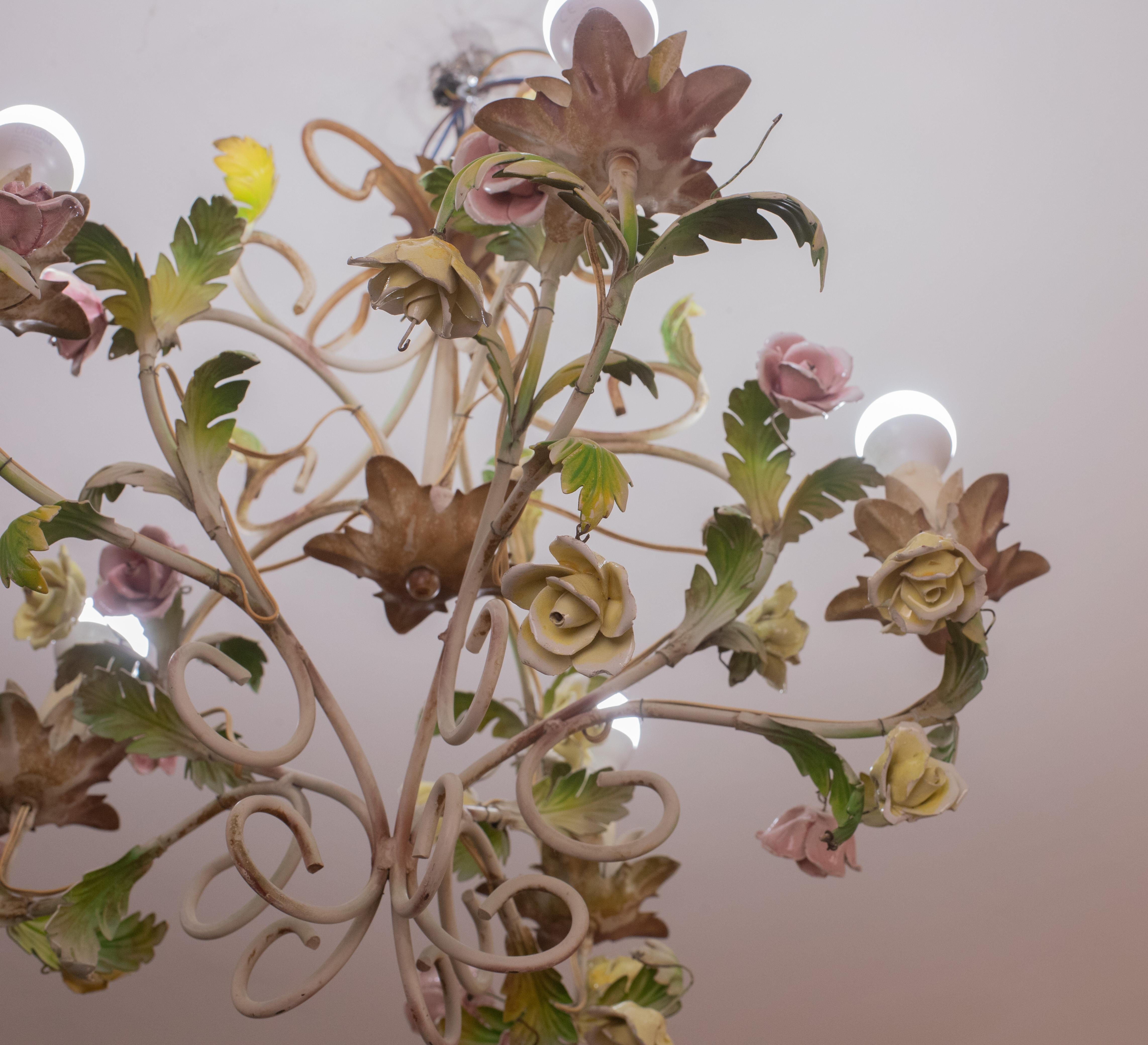 Italian Vintage Iron and Ceramic Flowers Chandelier, 1970s For Sale 3