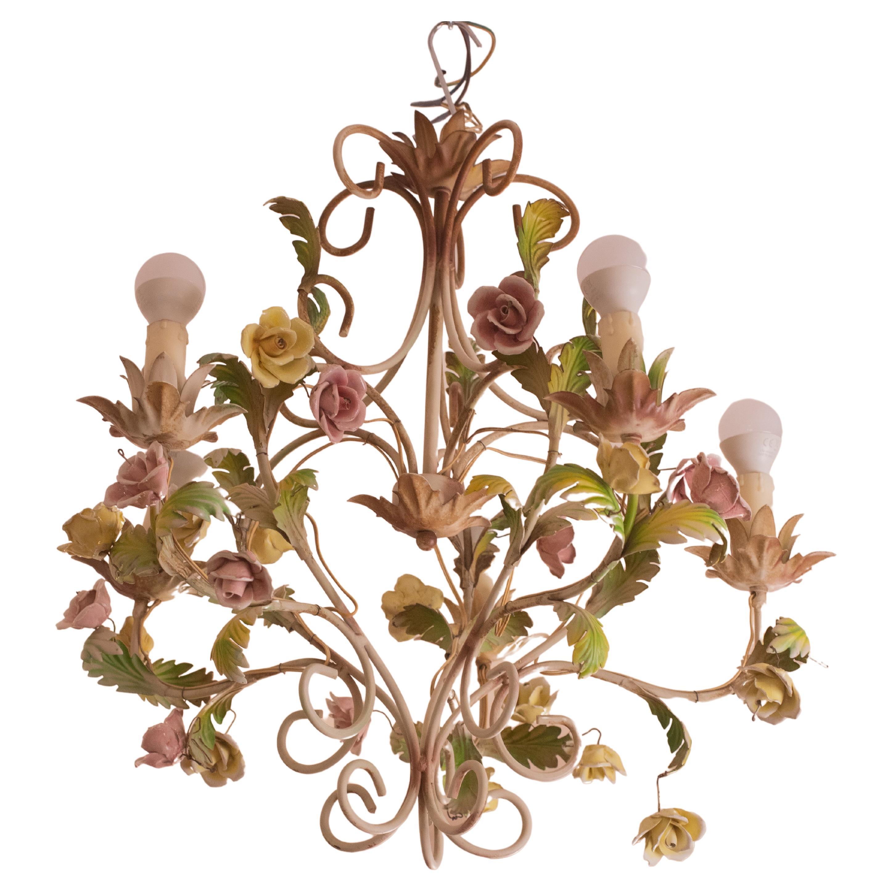 Italian Vintage Iron and Ceramic Flowers Chandelier, 1970s For Sale