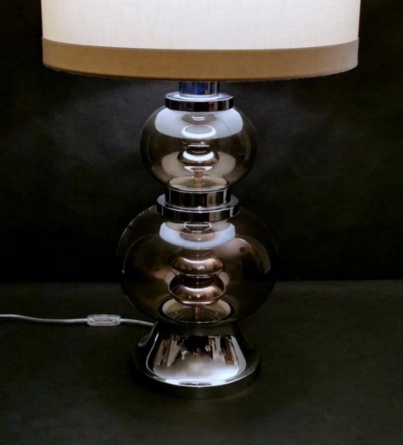Polished Italian Vintage Lamp Steel and Smoked Glass For Sale