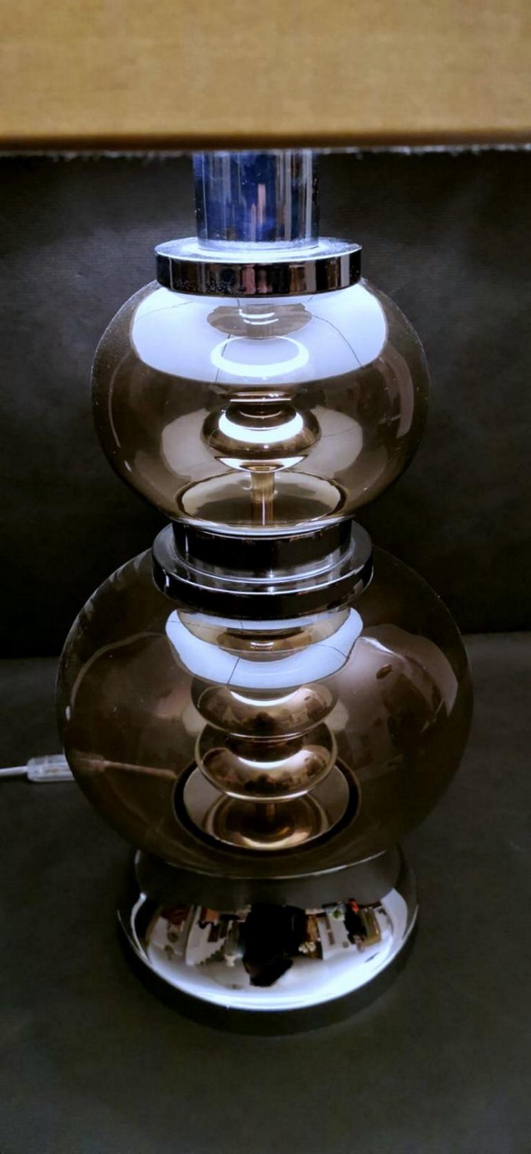 Italian Vintage Lamp Steel and Smoked Glass For Sale 1