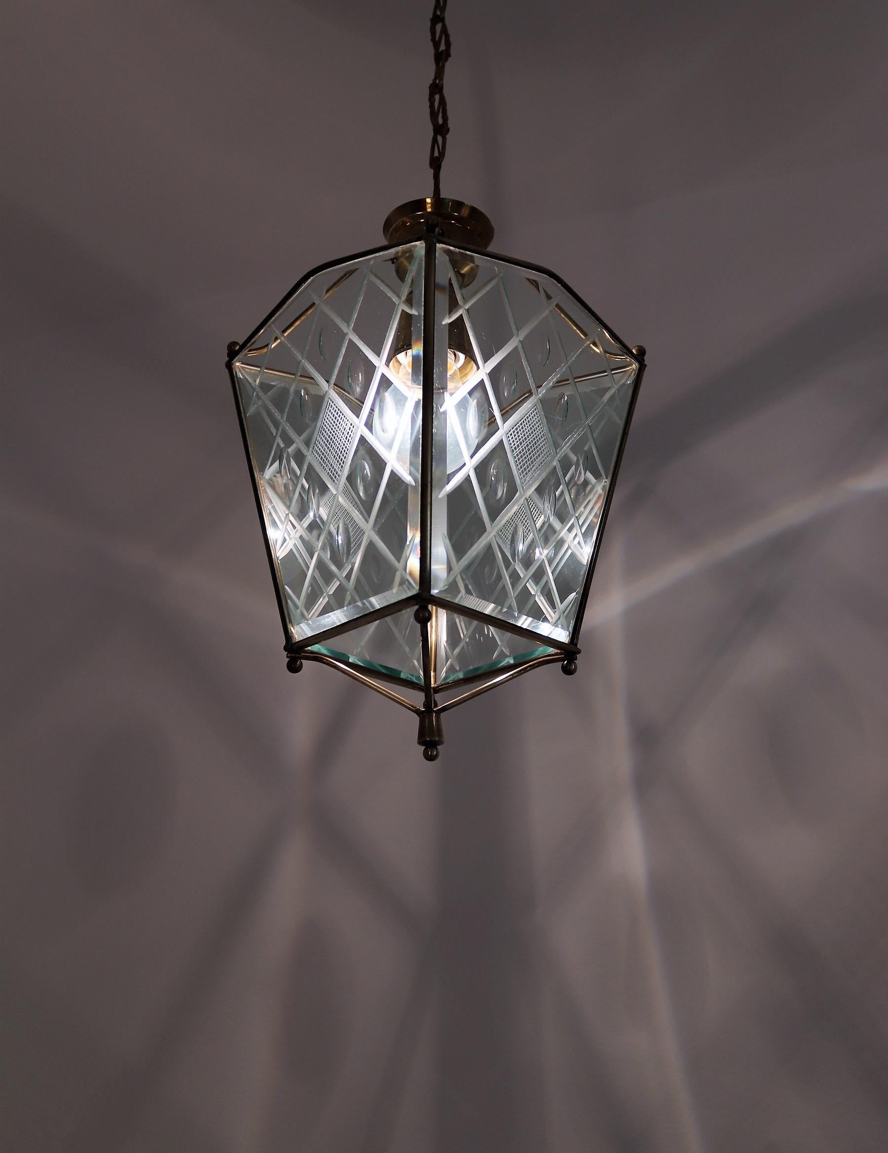 Italian Vintage Lantern in Crystal Cut Glass and Brass, 1950s 4